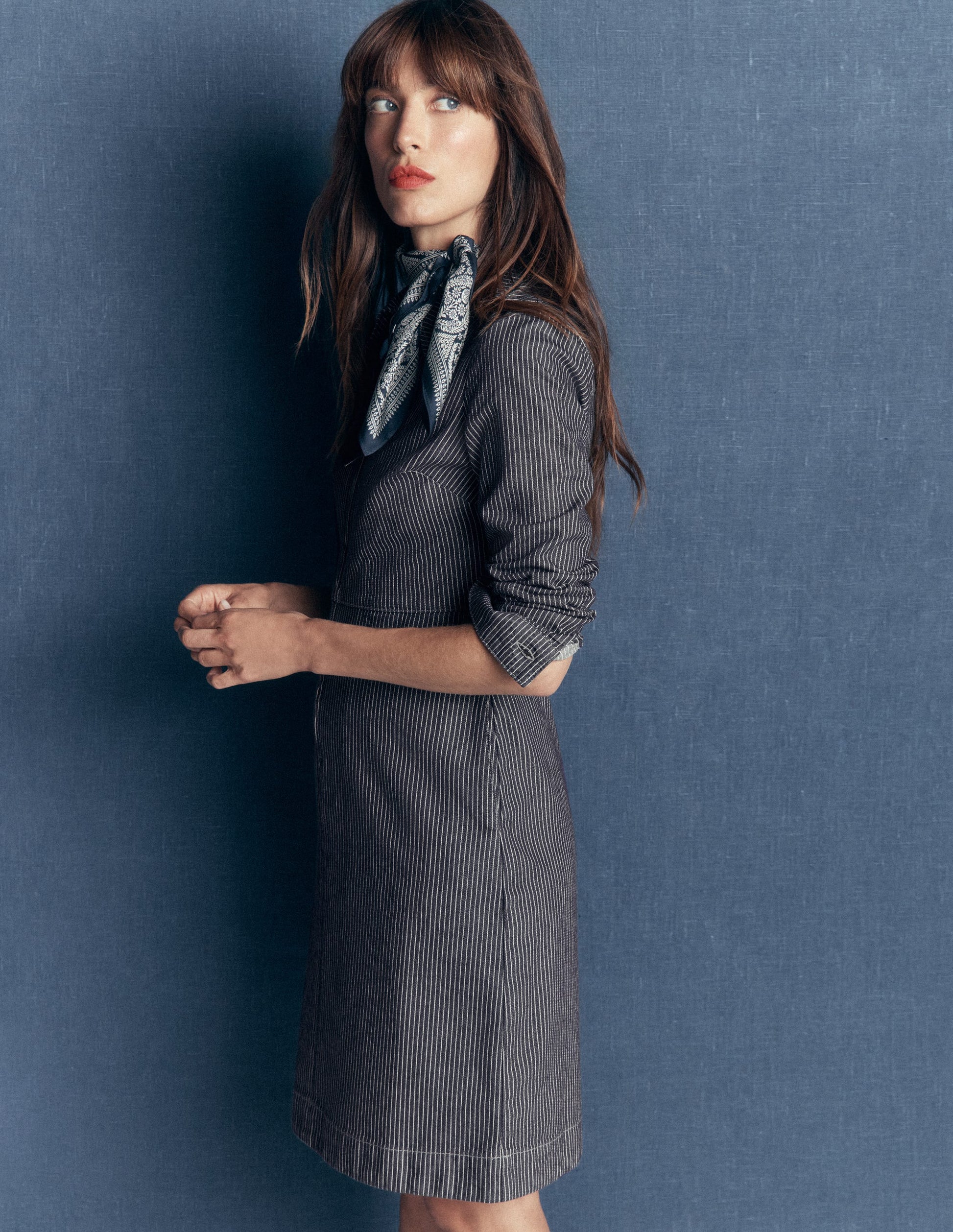 Bronte Denim Short Dress-Fine Denim Ticking Stripe-1