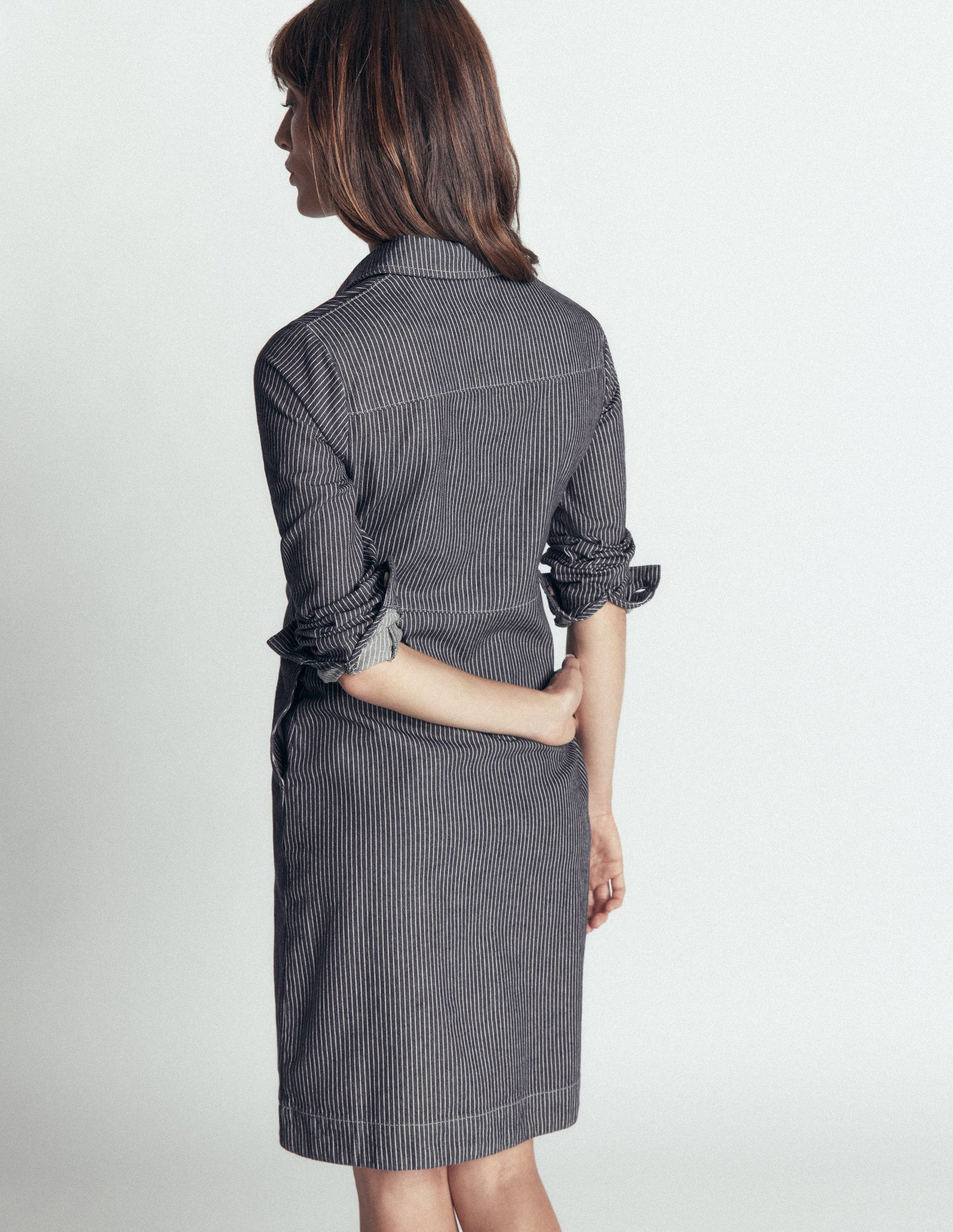 Bronte Denim Short Dress-Fine Denim Ticking Stripe-3