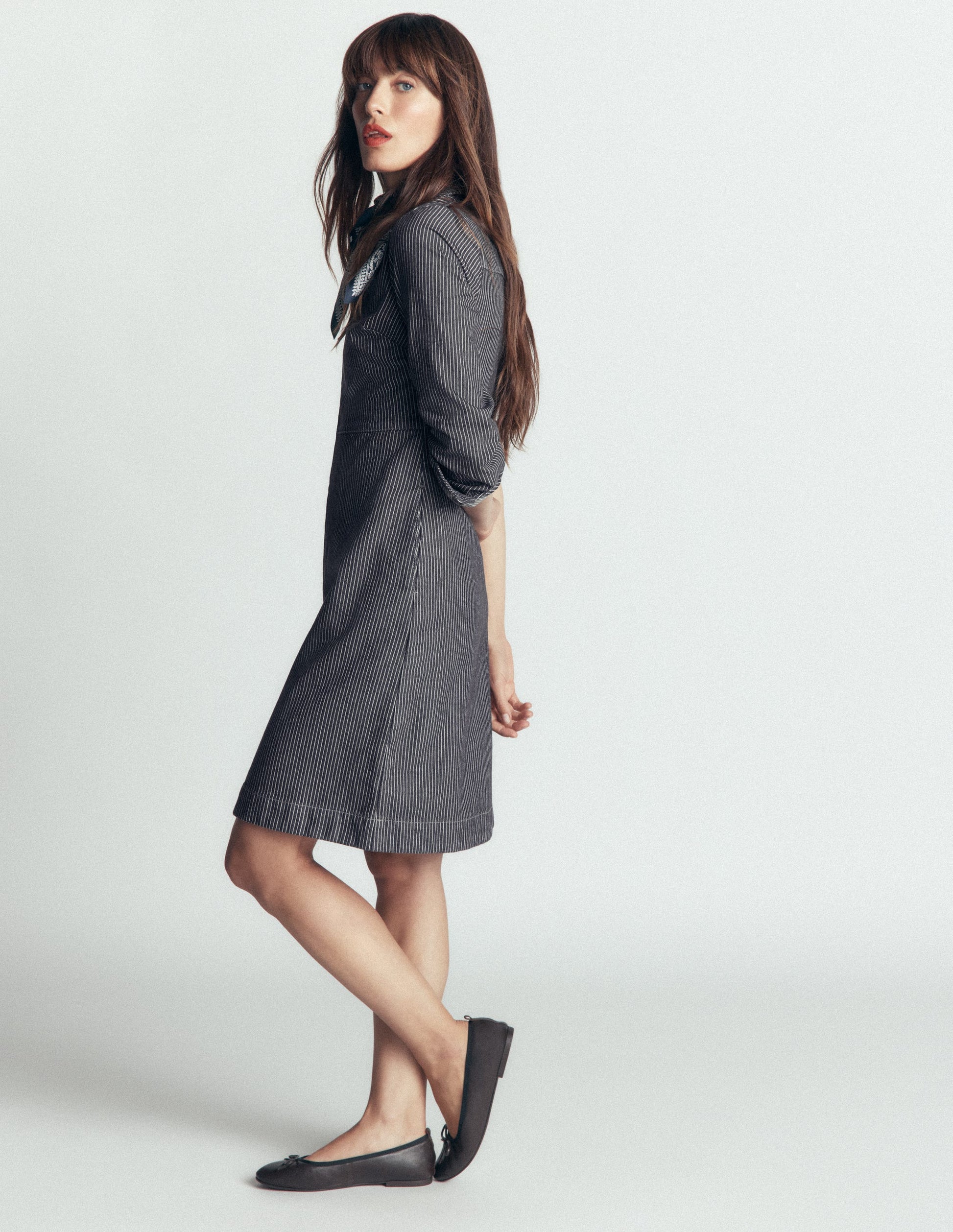 Bronte Denim Short Dress-Fine Denim Ticking Stripe-4