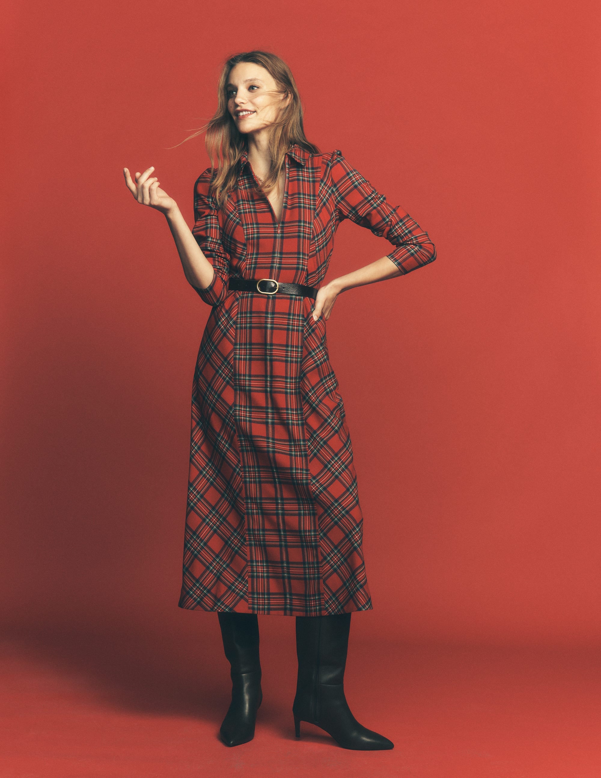 Una Collared Check Midi Dress-Red, Blue and Green Check - Image 1
