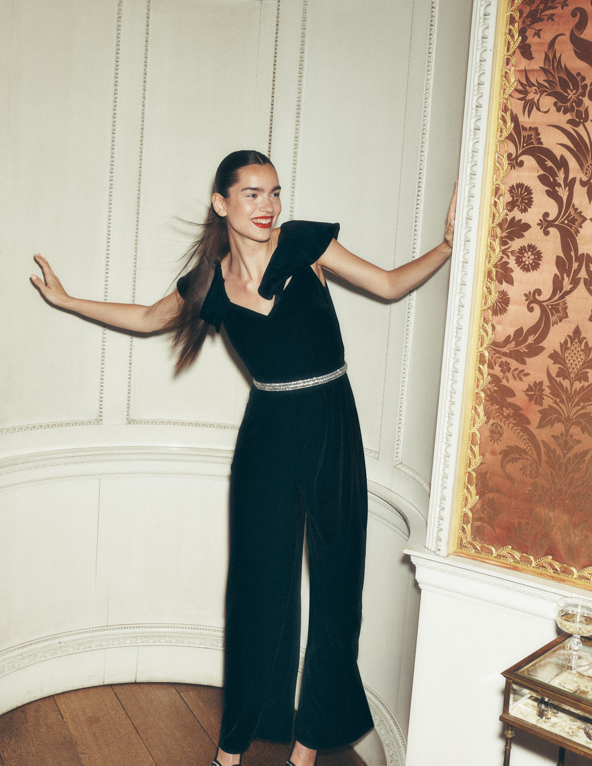 Ruffle Velvet Jumpsuit-Black-6