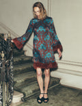 Faux Feather Satin Dress-Crystal Teal Flourishing Sprig