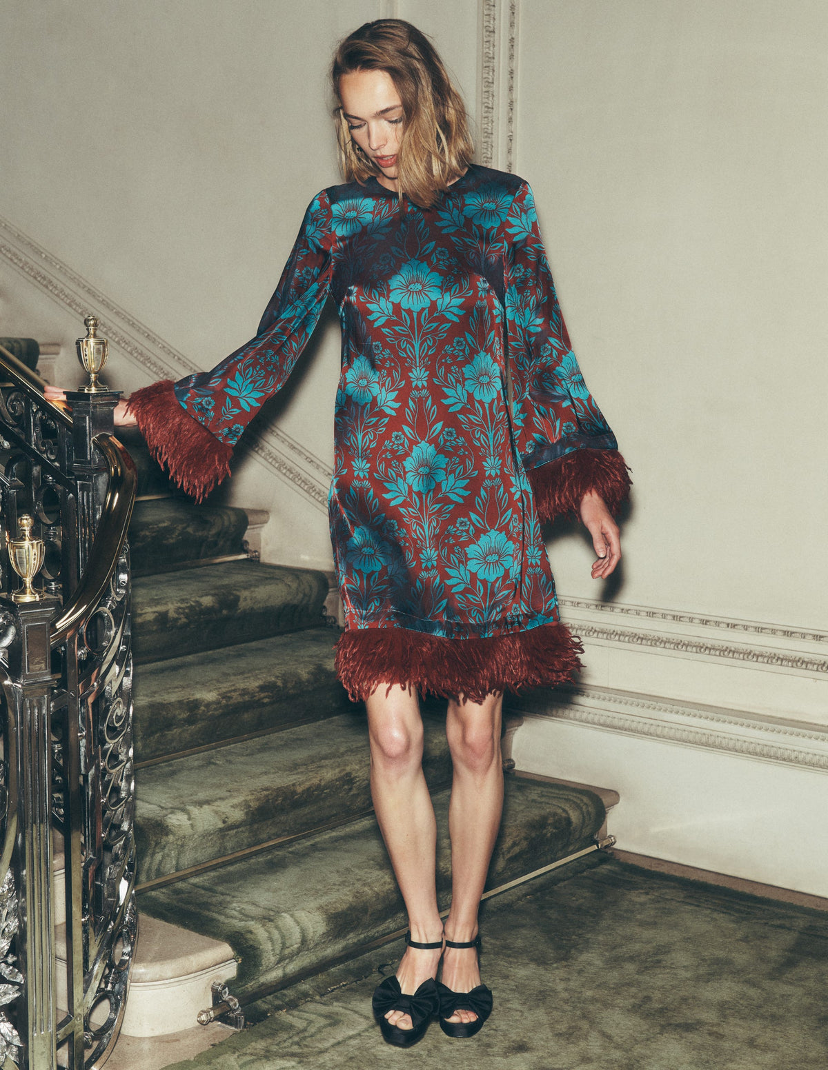 Faux Feather Satin Dress-Crystal Teal Flourishing Sprig-1