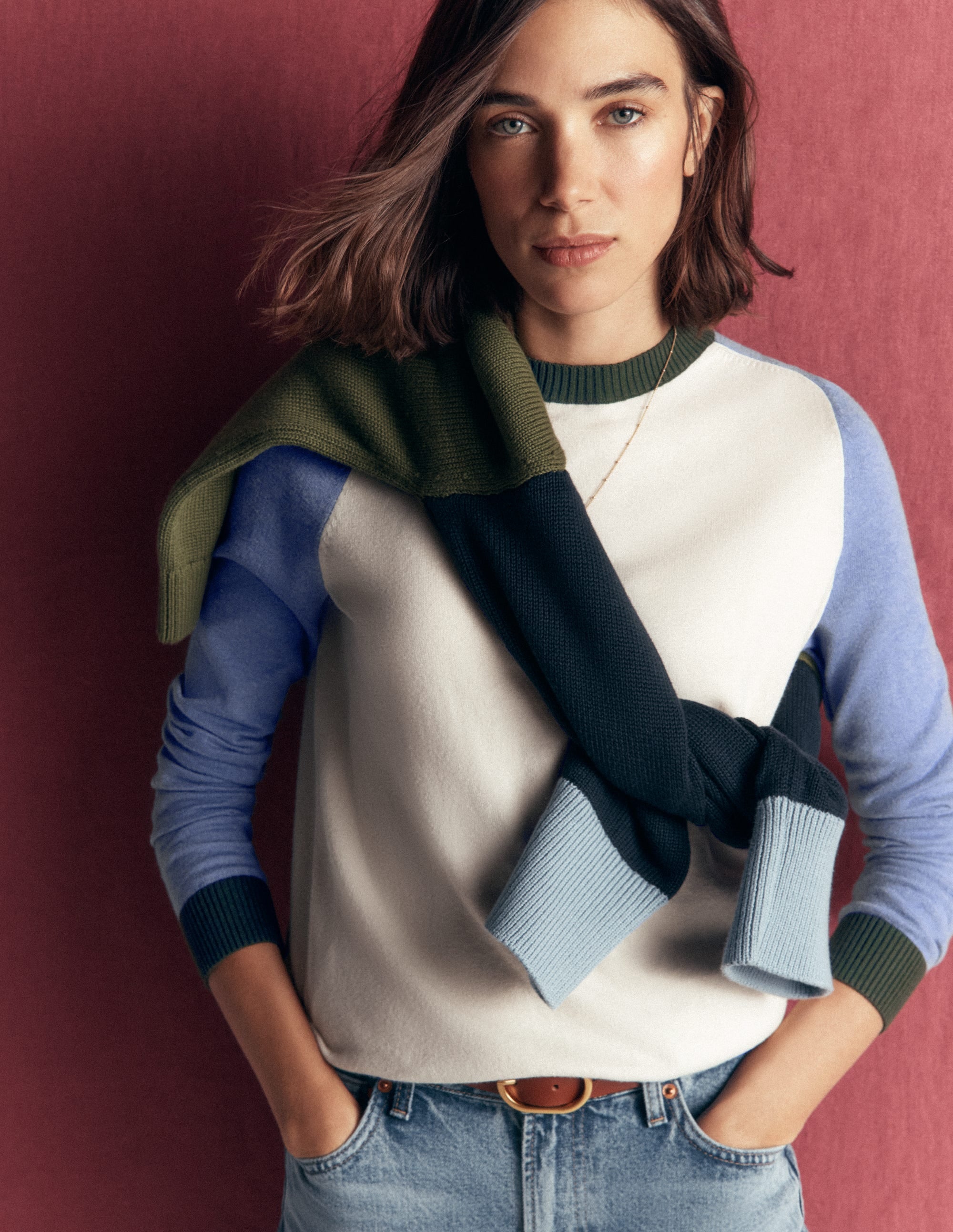 Meg Raglan Sleeve Jumper-Ivory, Blue and Green - Image 1