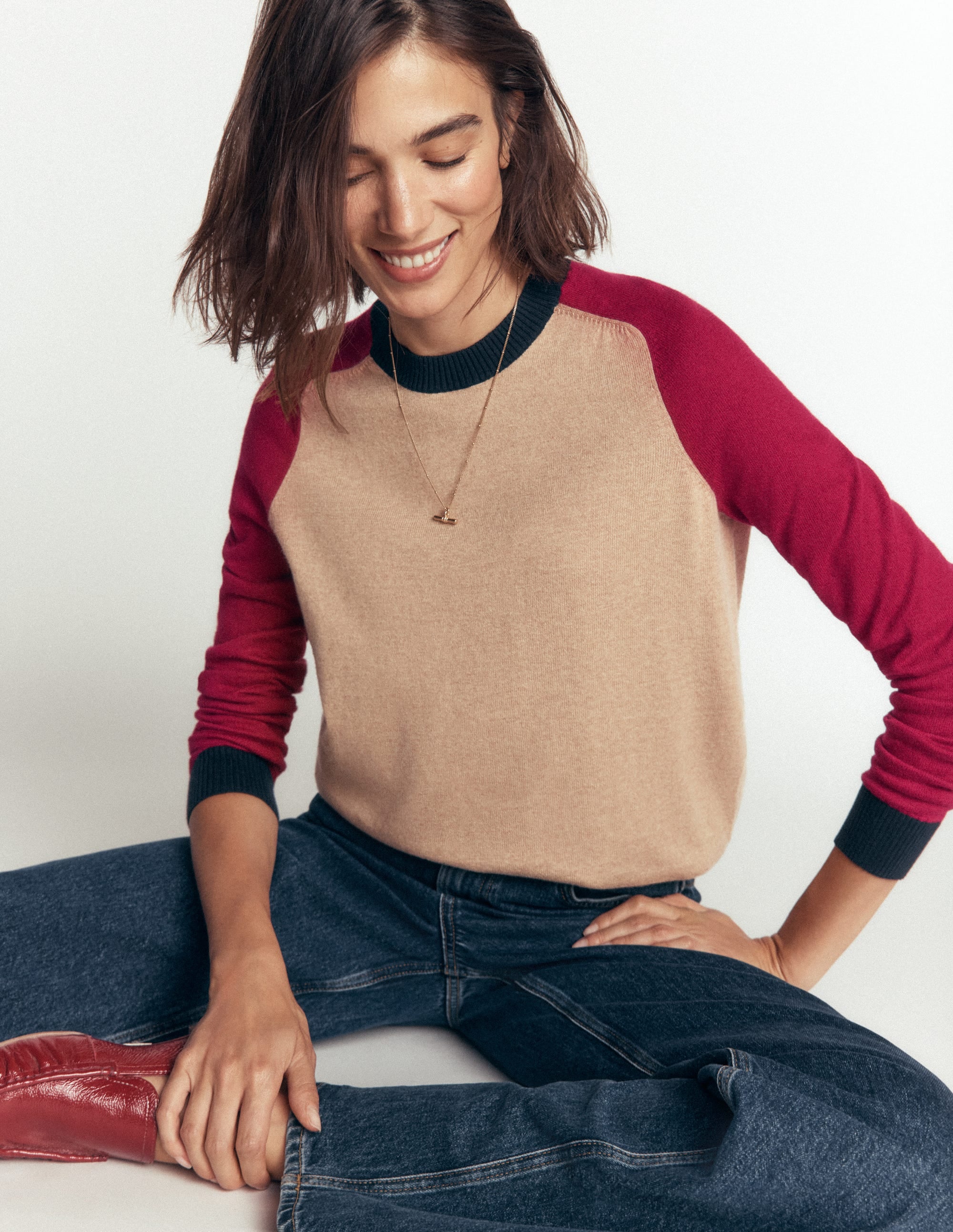 Meg Raglan Sleeve Jumper-Camel melange, red - Image 1