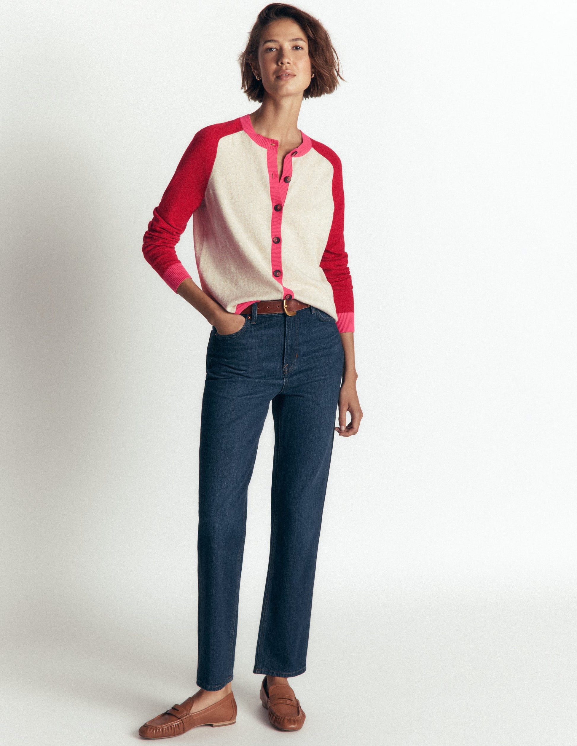 Meg Raglan Sleeve Cardigan-Pink, Ivory colour block-4