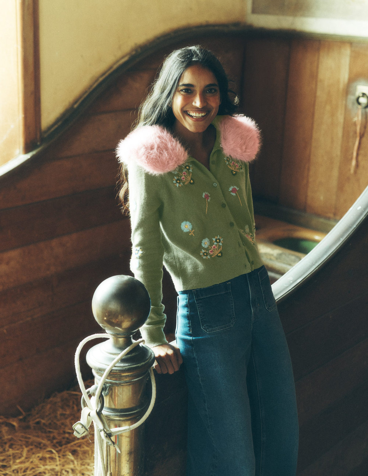Fur Collar Cropped Cardigan-Laurel Green, Embroidered - Image 7