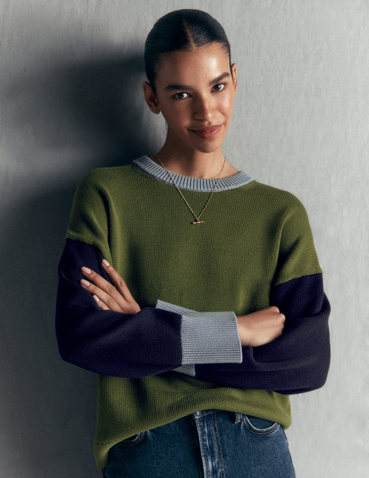 Lucy Relaxed Cotton Jumper-Green colour block