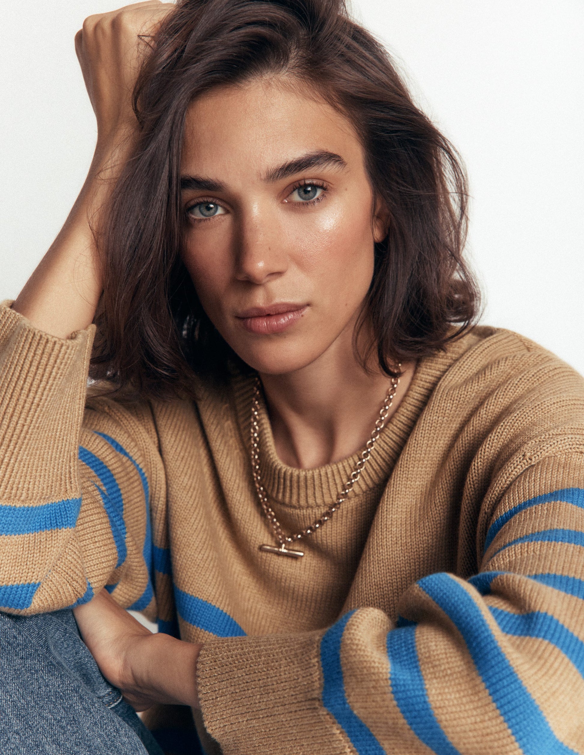 Lucy Relaxed Cotton Jumper-Camel, Blue Stripe-2