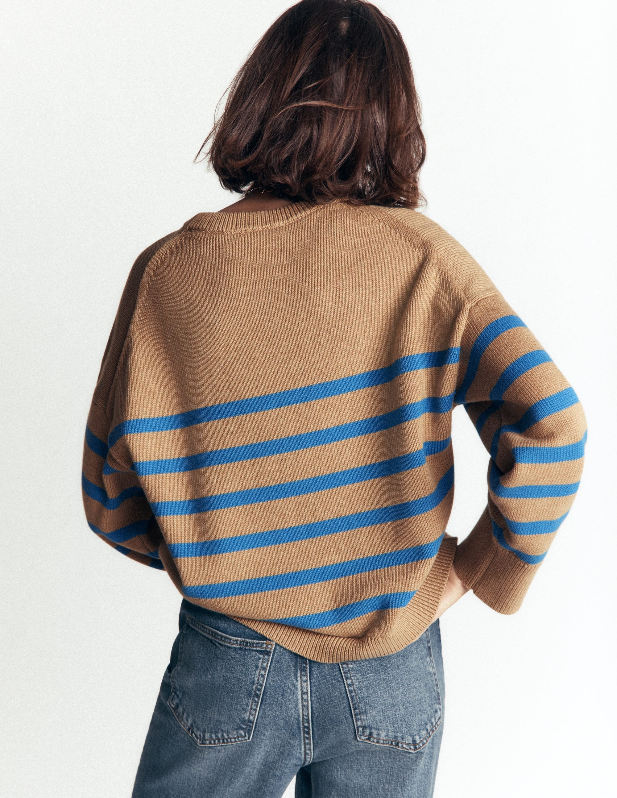 Lucy Relaxed Cotton Jumper-Camel, Blue Stripe - Image 3