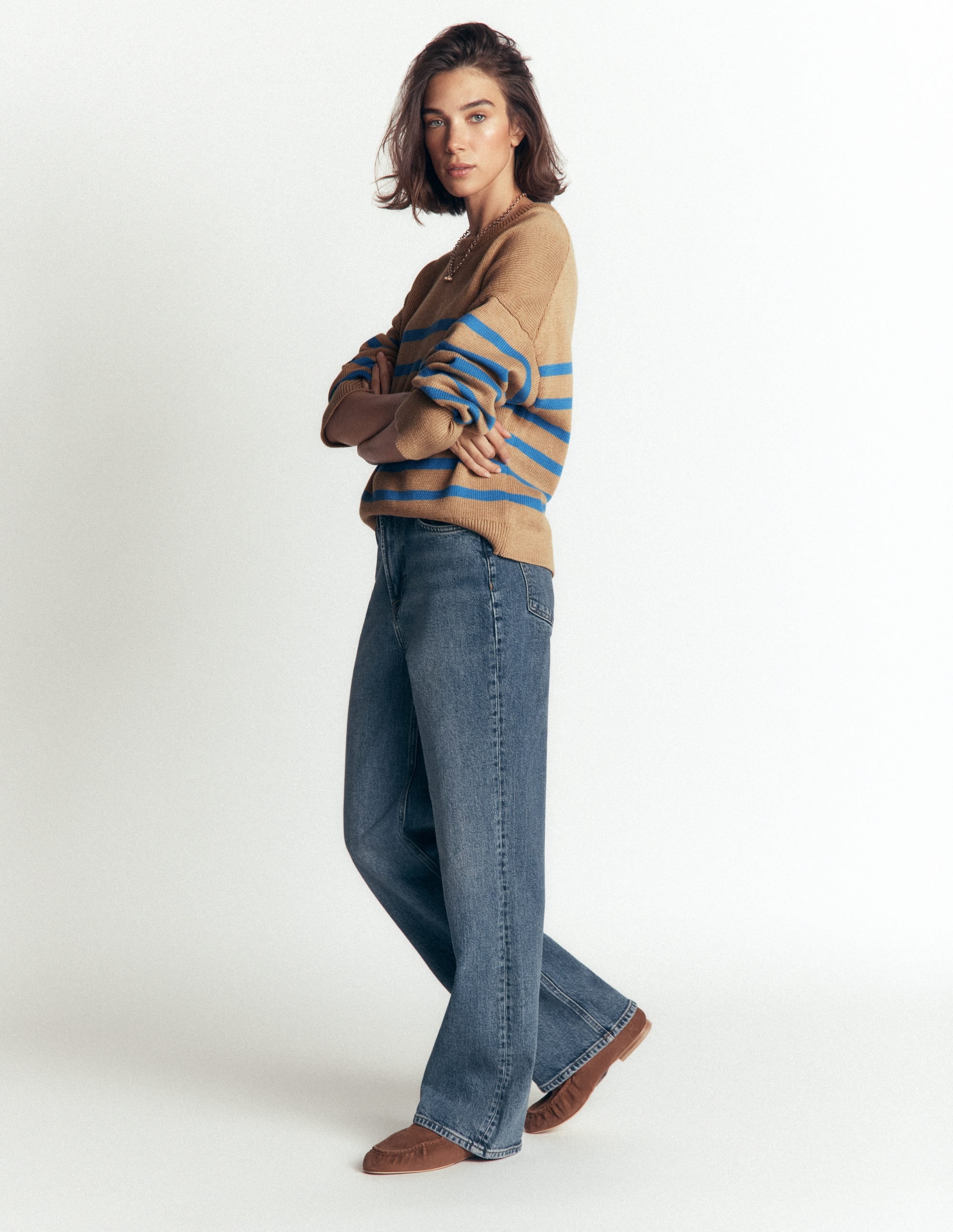Lucy Relaxed Cotton Jumper-Camel, Blue Stripe - Image 4