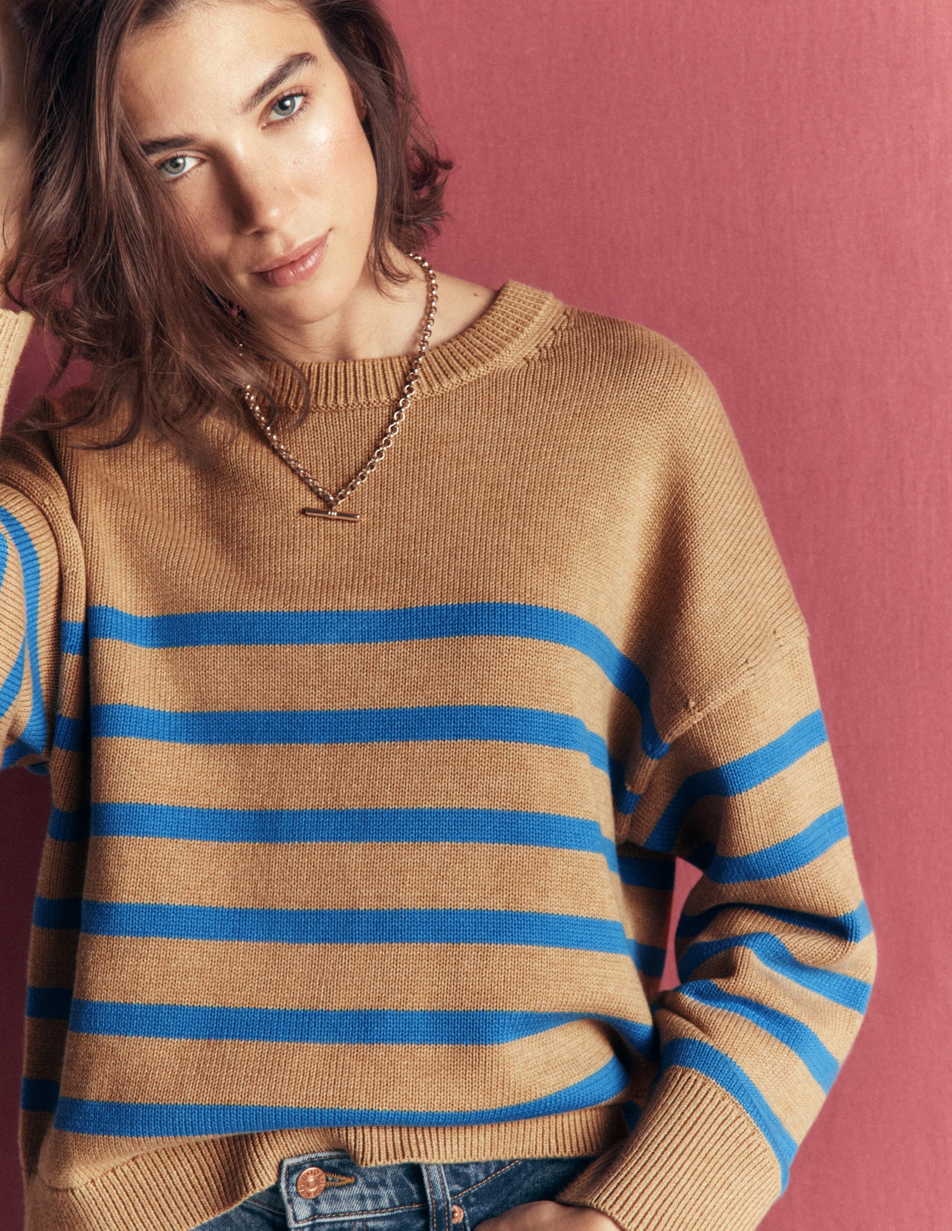 Lucy Relaxed Cotton Jumper-Camel, Blue Stripe-5