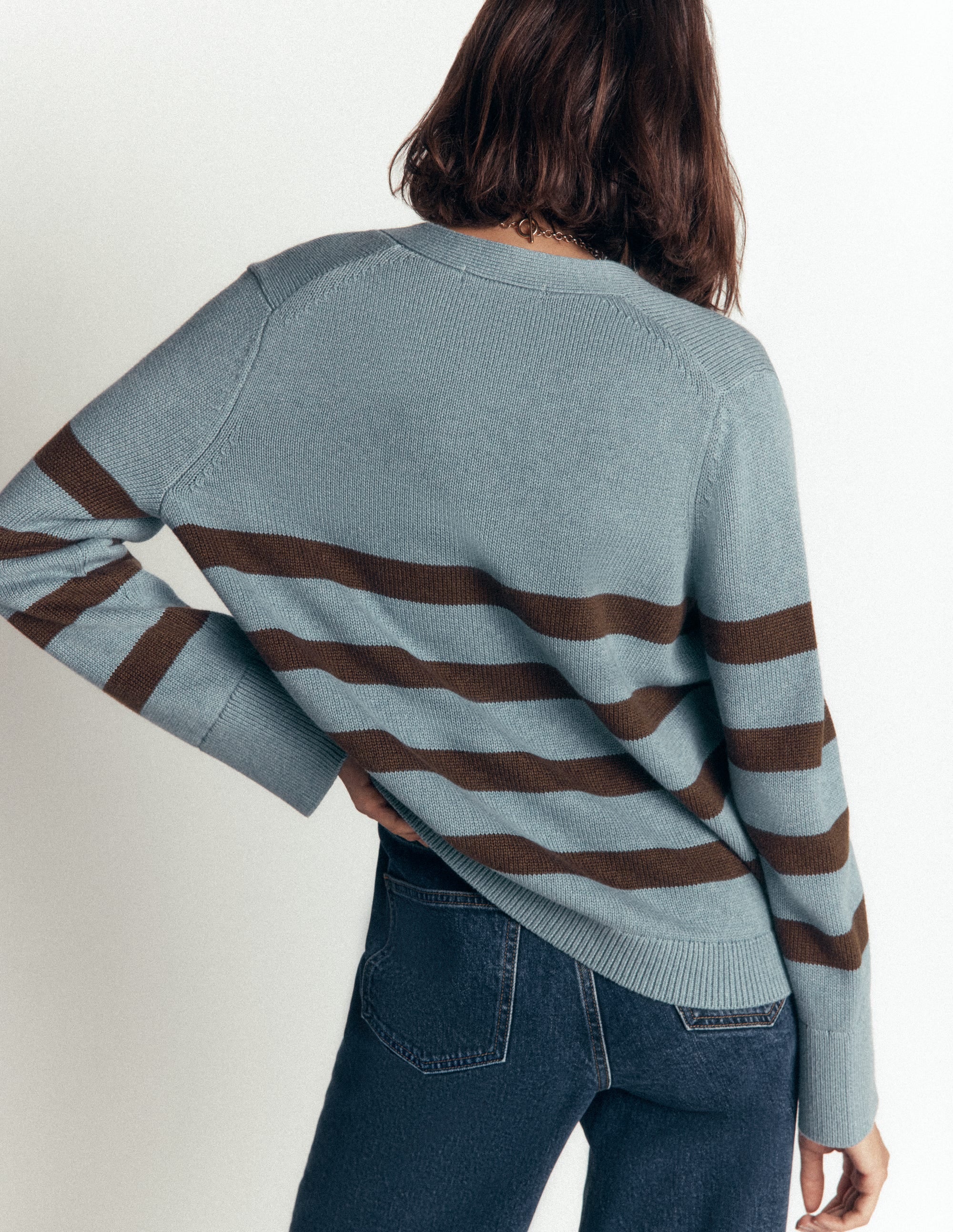 Lucy Relaxed Cotton Cardigan-Pavilion Blue, Brown Stripe - Image 4