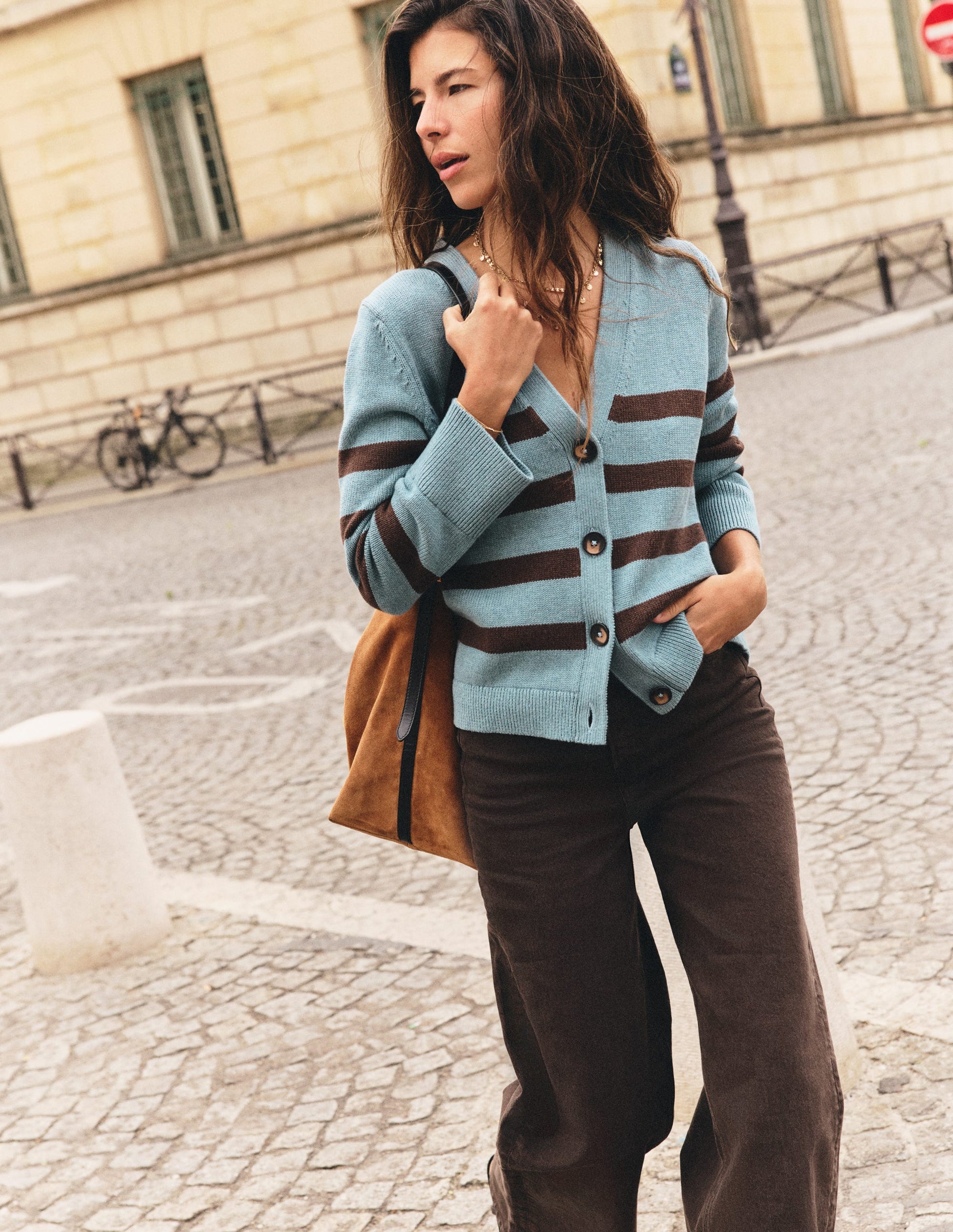 Lucy Relaxed Cotton Cardigan-Pavilion Blue, Brown Stripe-1