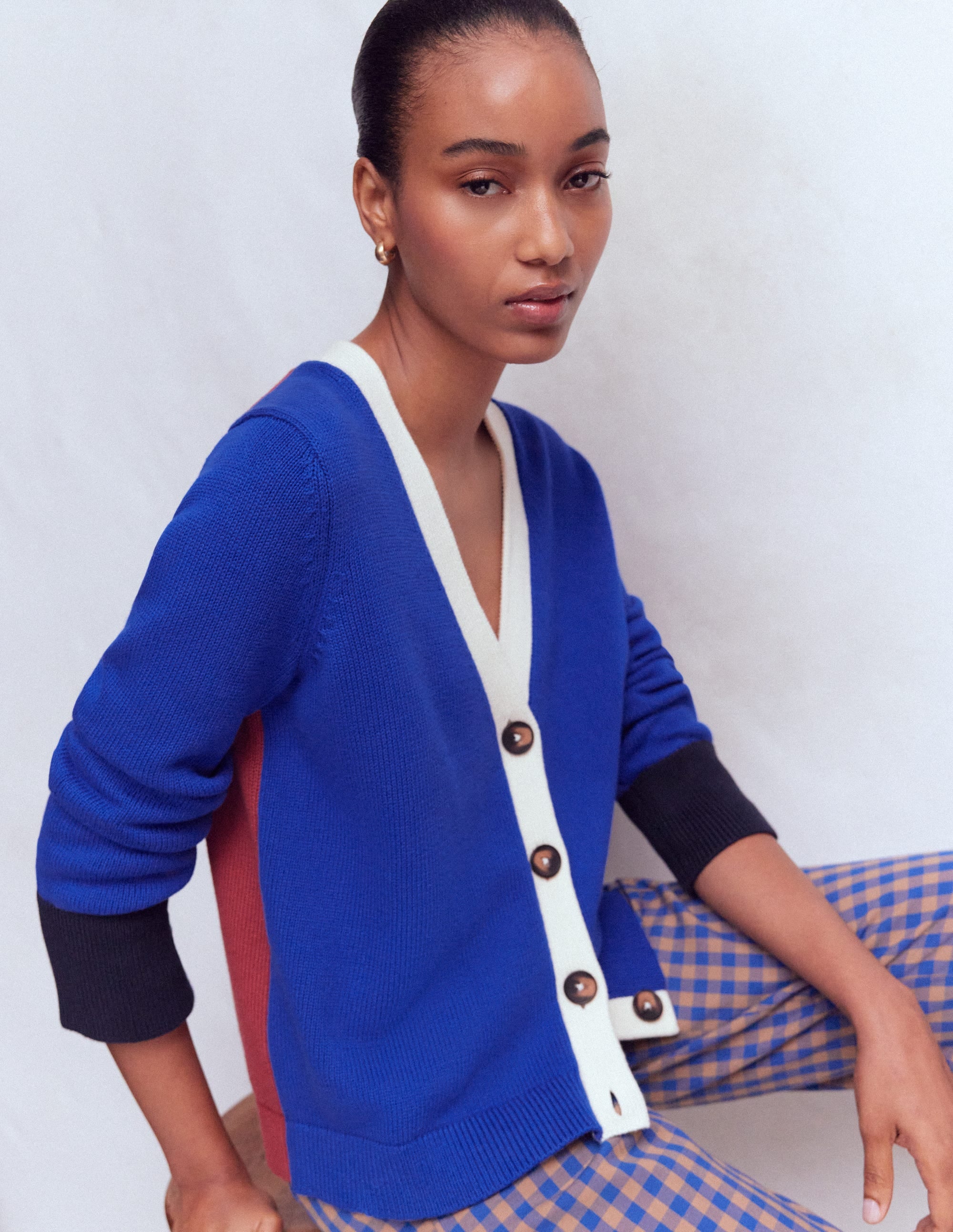 Lucy Relaxed Cotton Cardigan-Bright Blue, Colour Block - Image 1