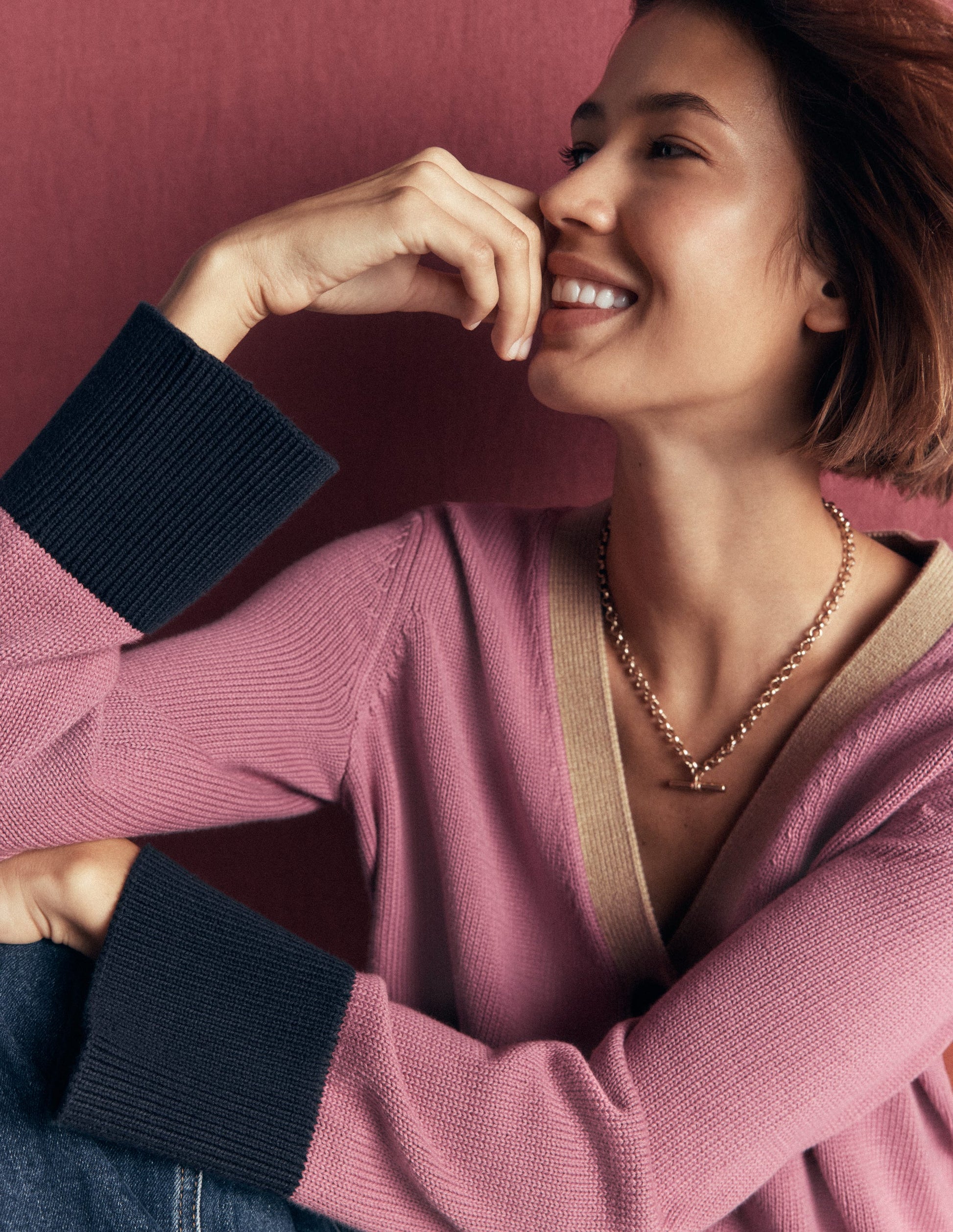 Lucy Relaxed Cotton Cardigan-Pink Heather Colour Block-3