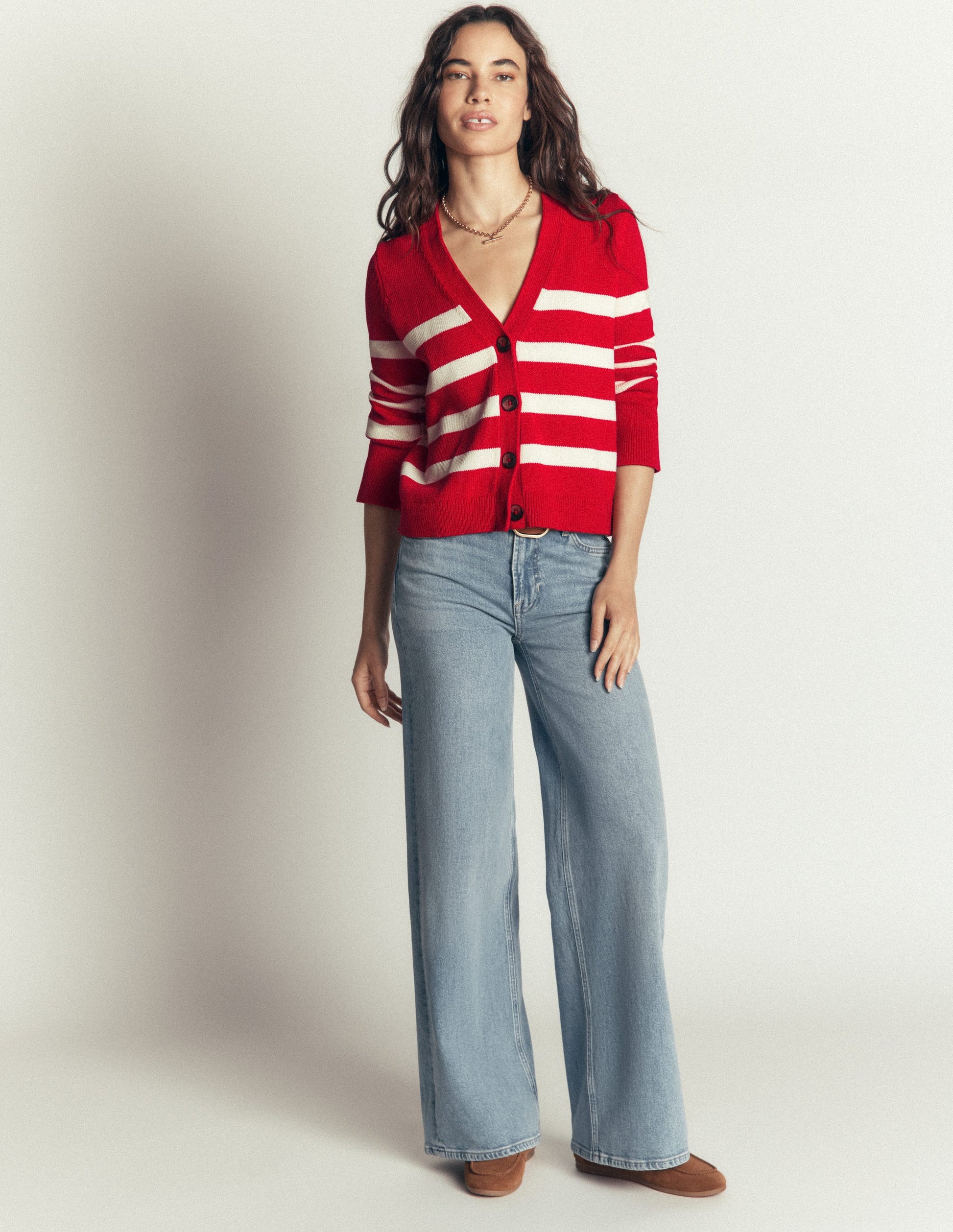 Lucy Relaxed Cotton Cardigan-Deep Red, Ivory Stripe-4
