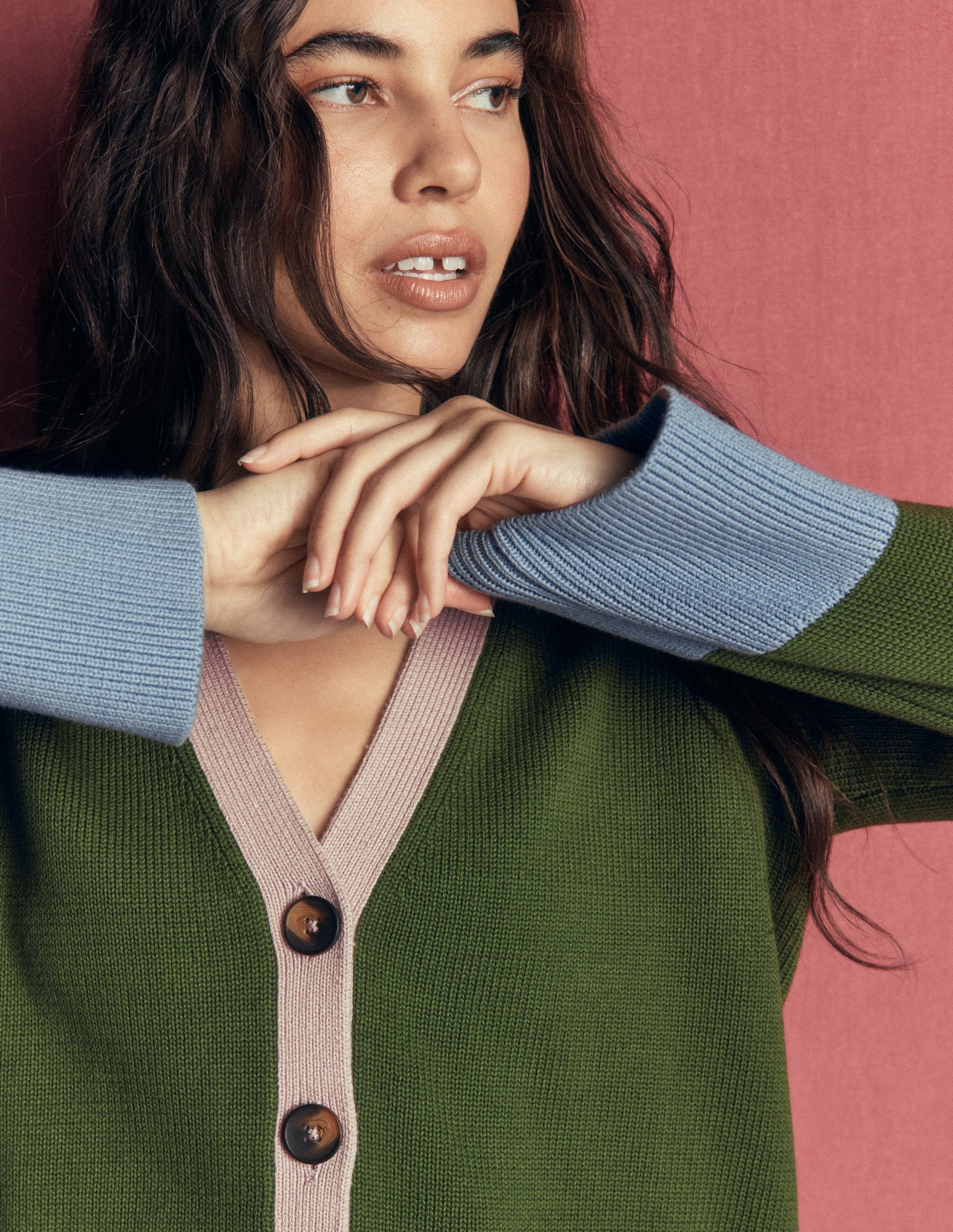 Lucy Relaxed Cotton Cardigan-Forest Green Colour Block-2
