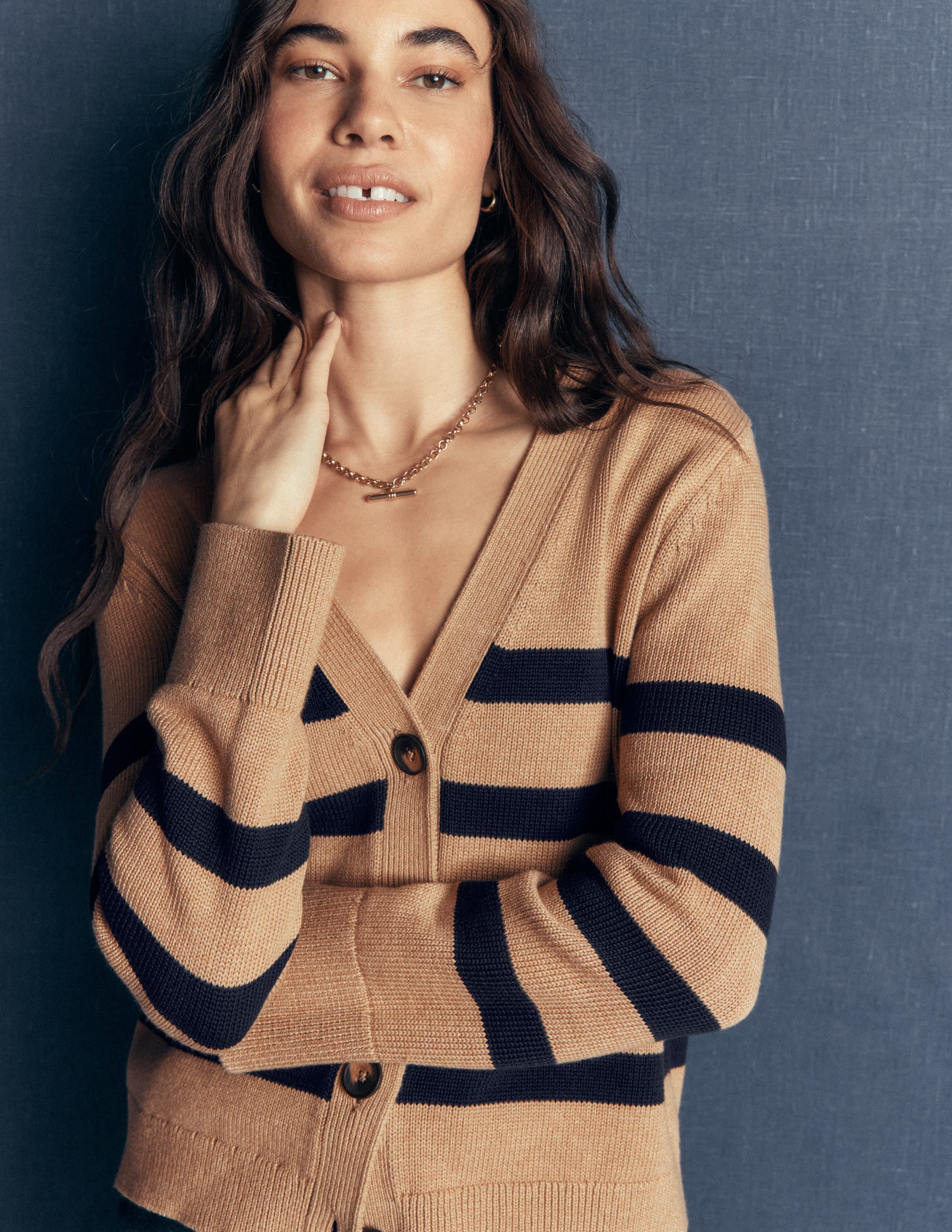 Lucy Relaxed Cotton Cardigan-Camel Melange, Stripe - Image 1