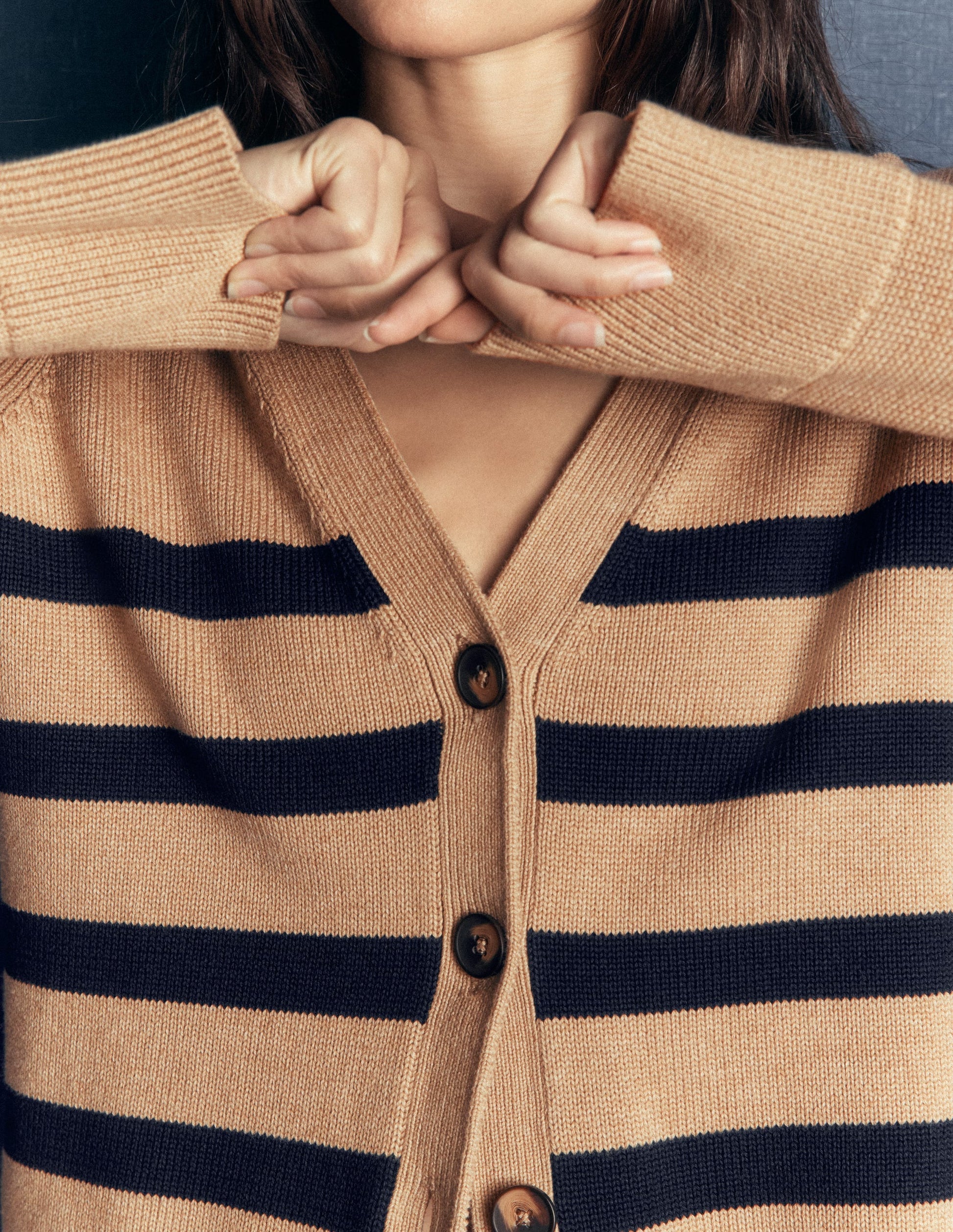 Lucy Relaxed Cotton Cardigan-Camel Melange, Stripe-2
