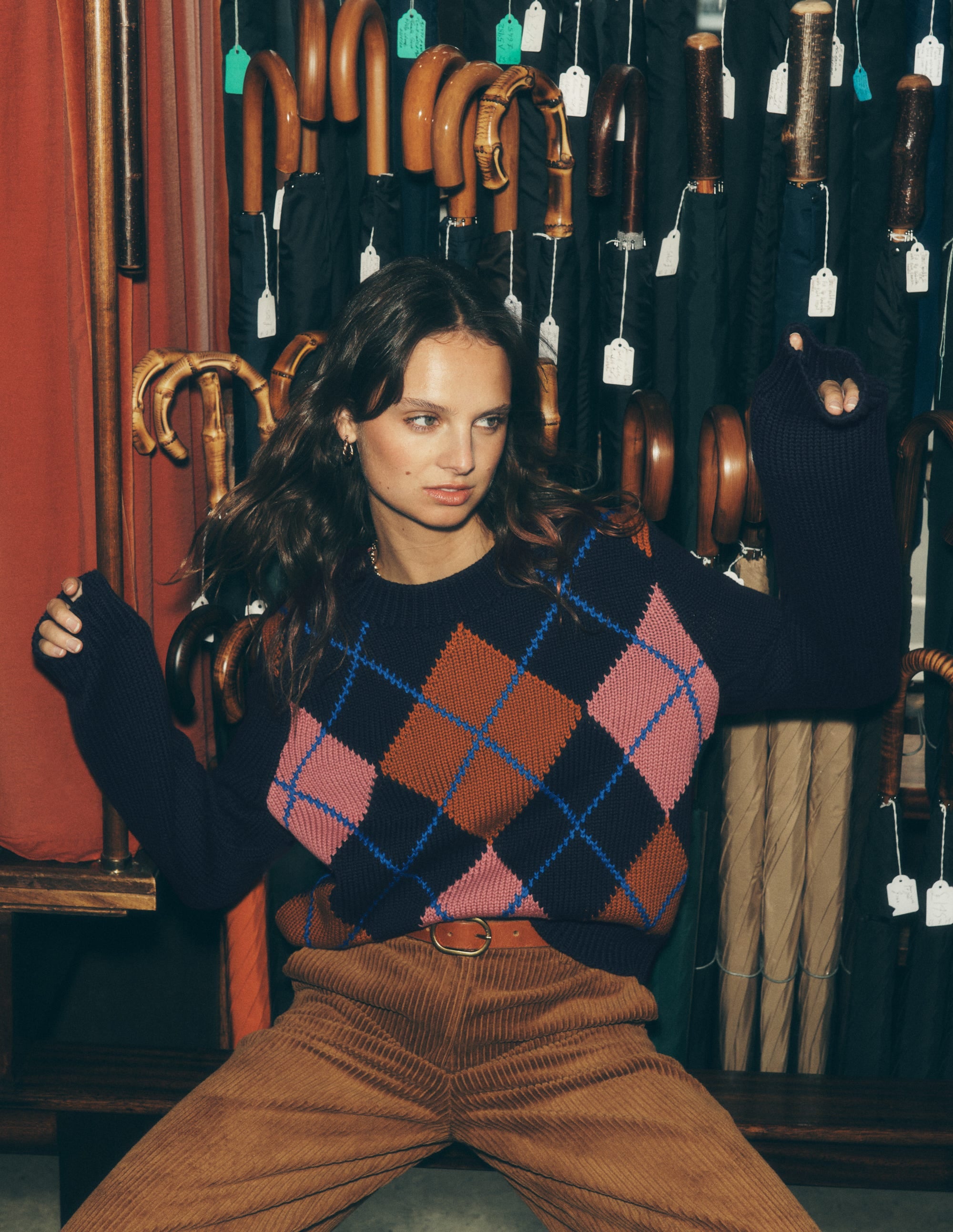 Lucy Chunky Cotton Jumper-navy, pink and brown argyle - Image 1