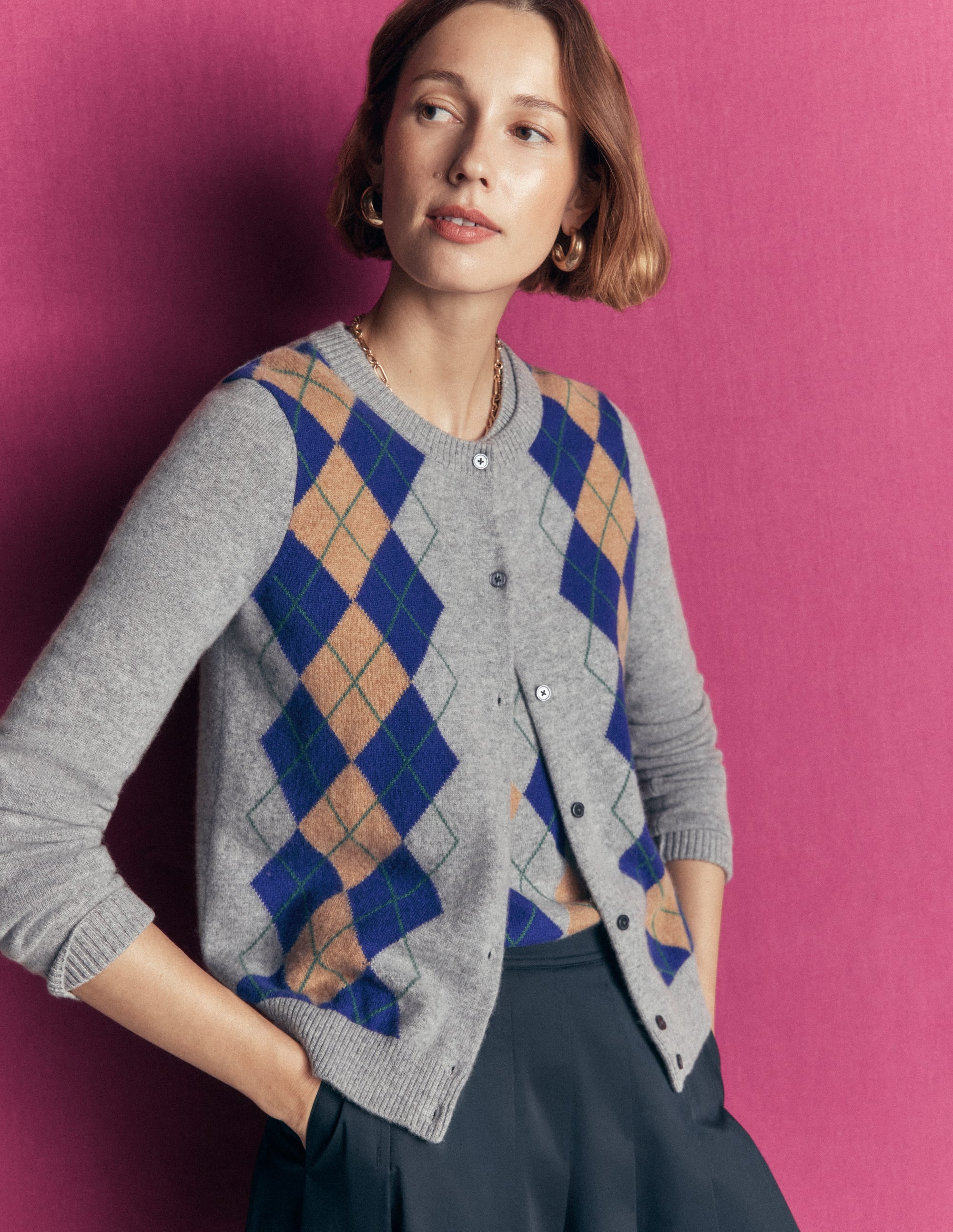 Elsie Cashmere Crew Cardigan-Grey Argyle - Image 1