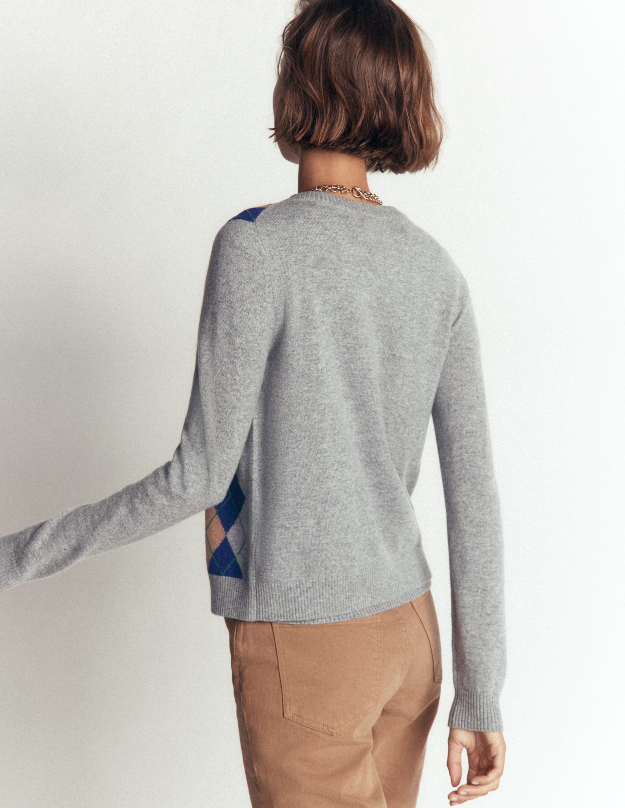 Elsie Cashmere Crew Cardigan-Grey Argyle - Image 2