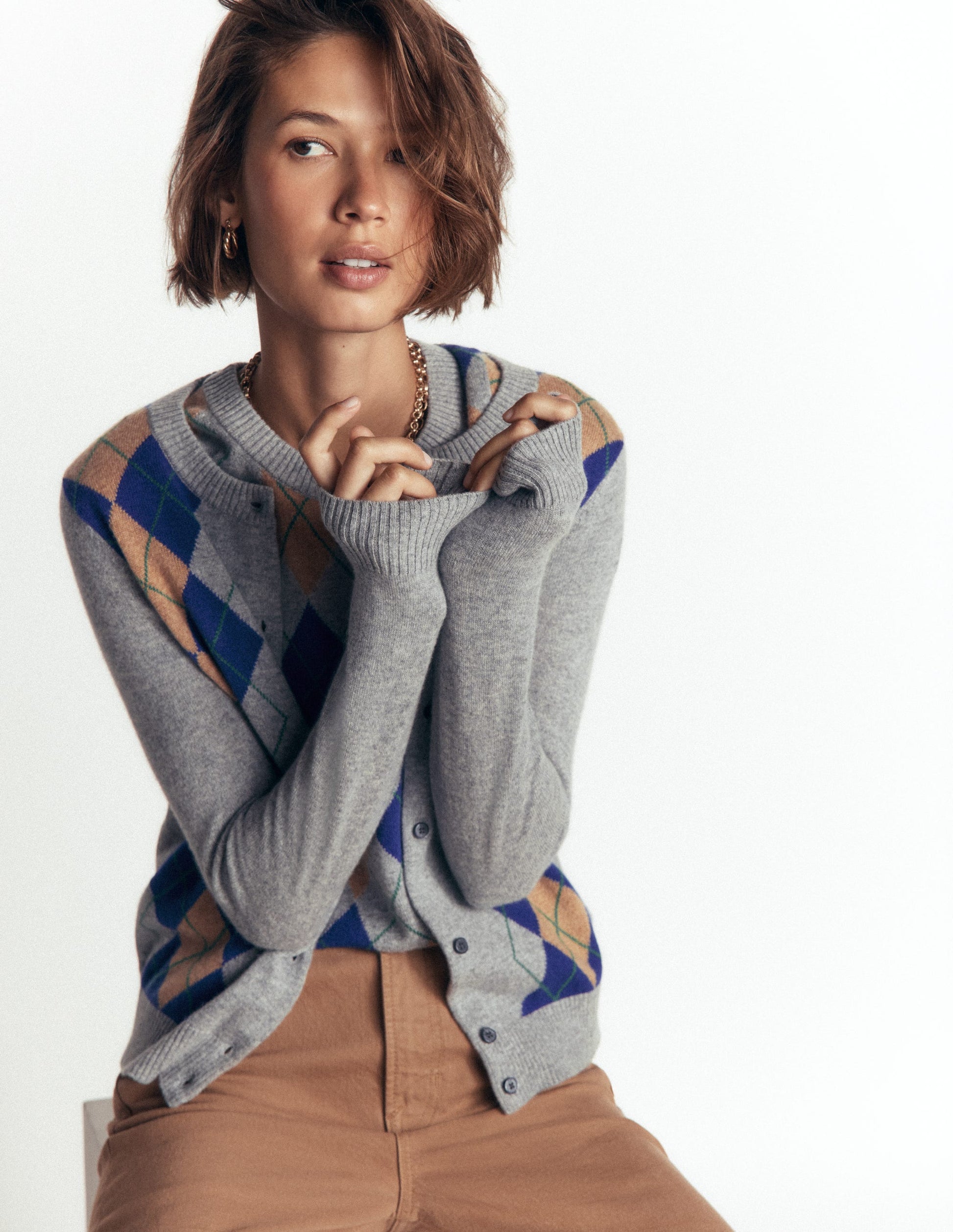 Elsie Cashmere Crew Cardigan-Grey Argyle-3