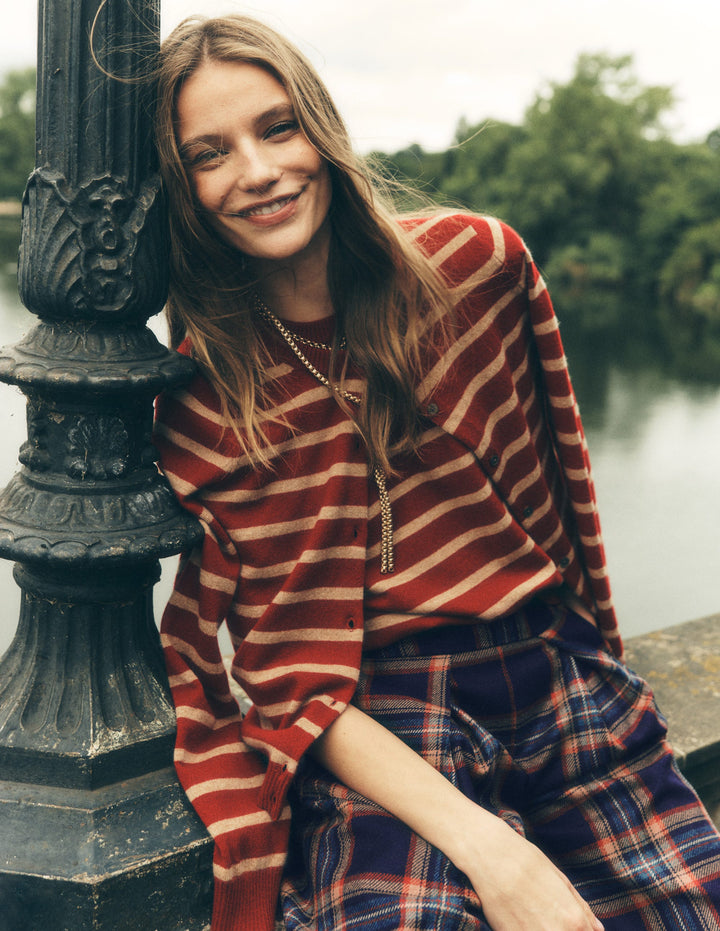 Elsie Cashmere Crew Cardigan-Poppy Red, Camel Stripe