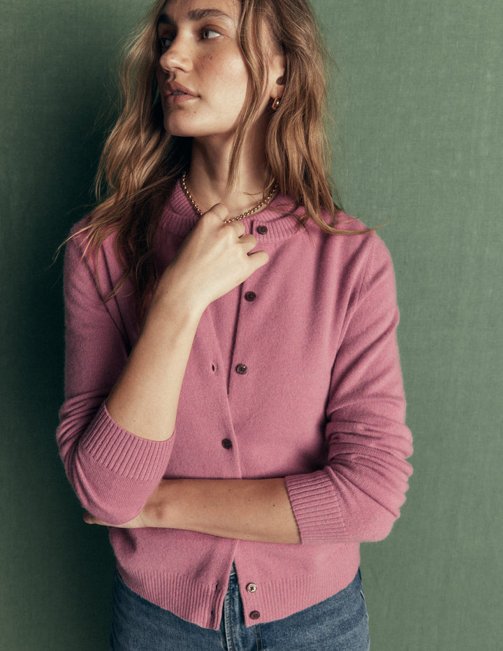 Elsie Cashmere Crew Cardigan-Pink Heather
