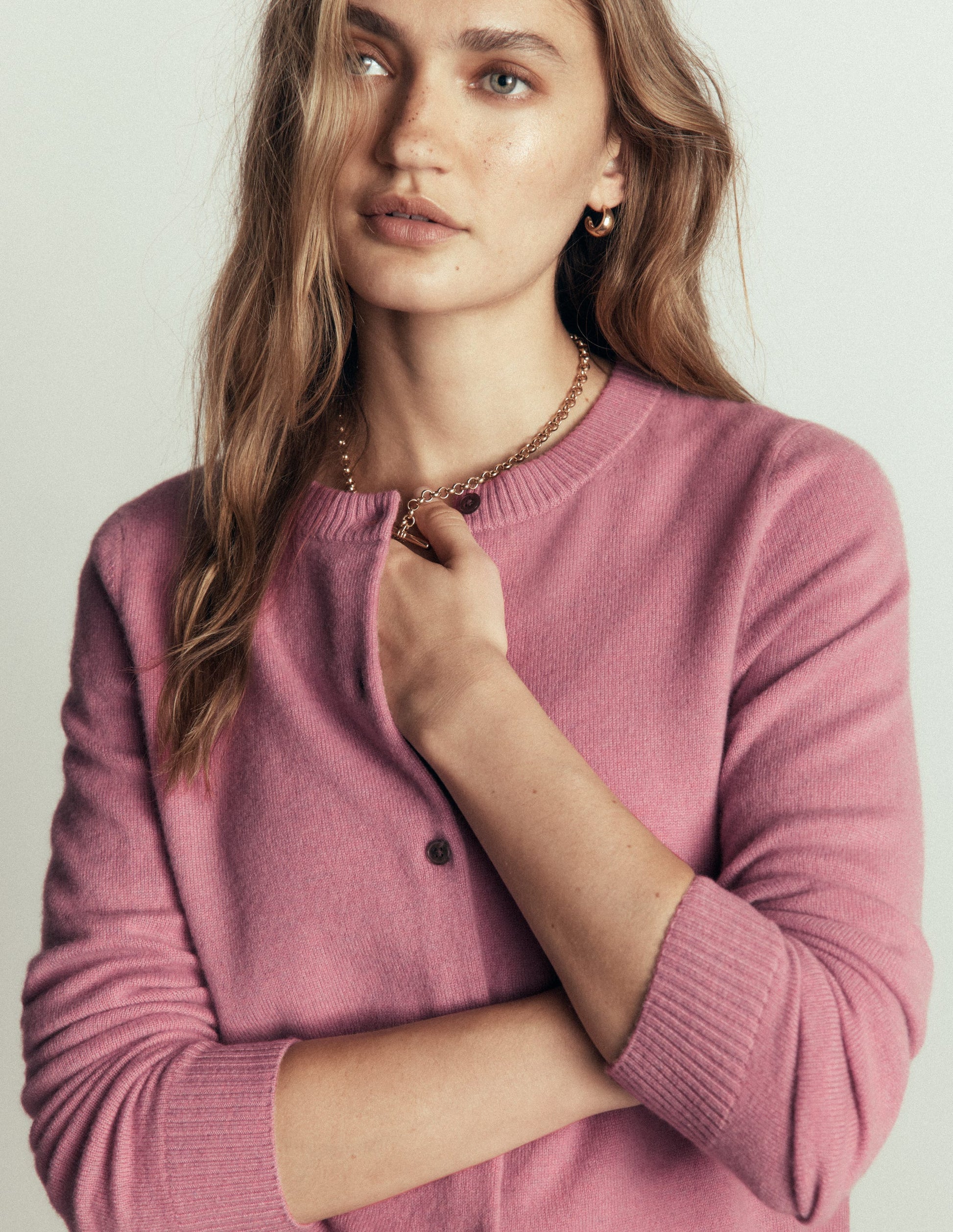 Elsie Cashmere Crew Cardigan-Pink Heather-5