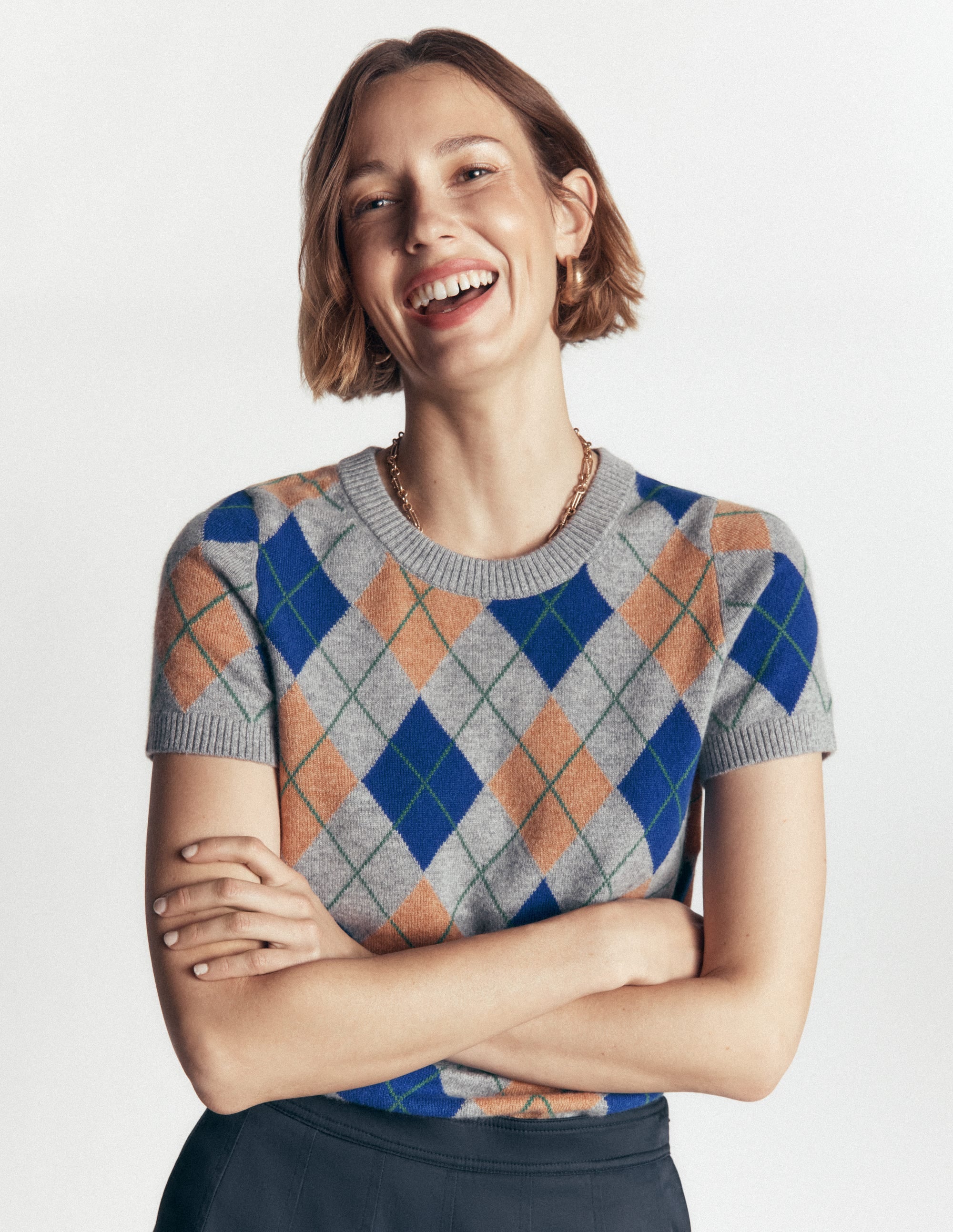 Elsie Cashmere Crew T-shirt-Grey, Argyle - Image 6