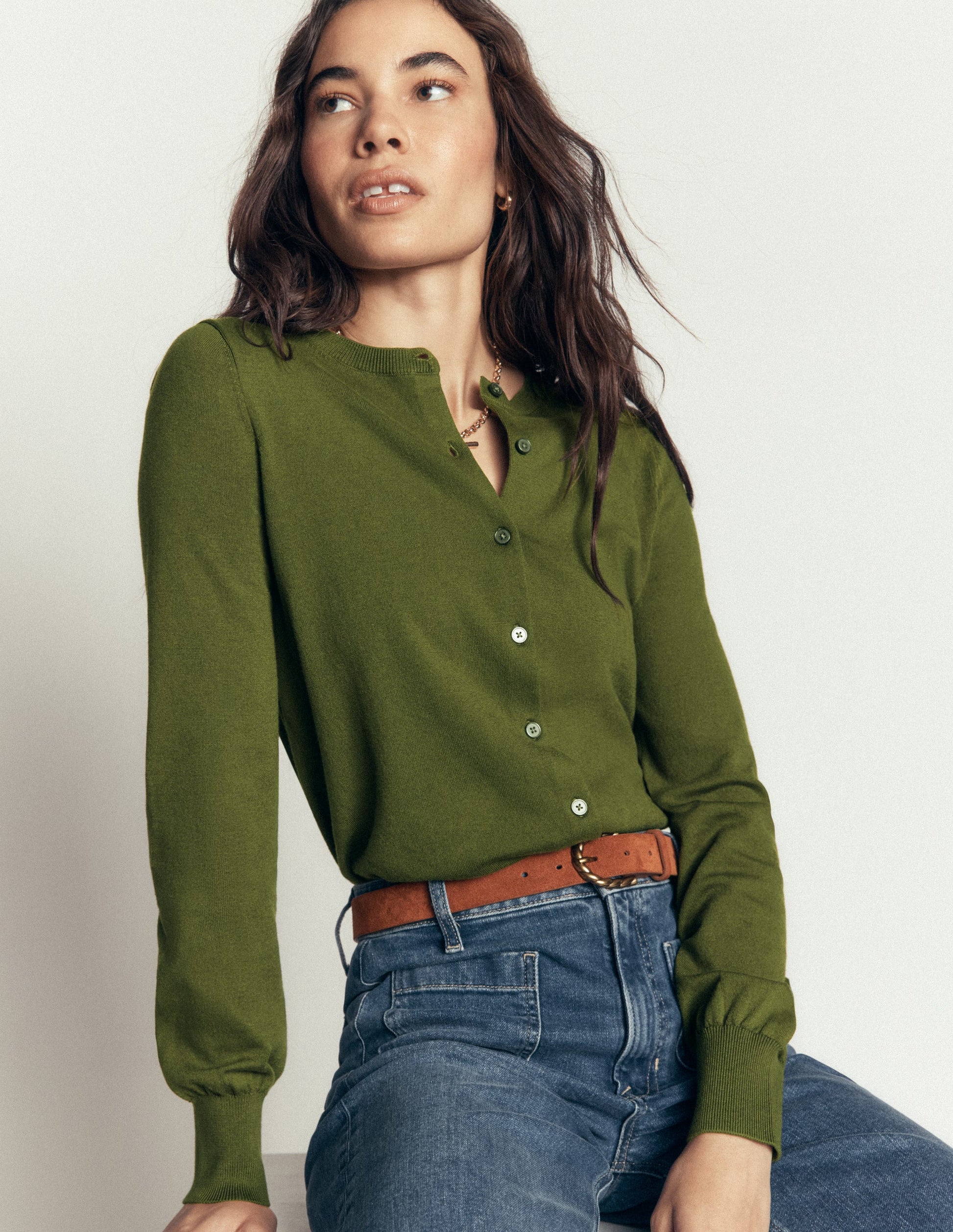 Camilla Cotton Crew Cardigan-Forest Green-1