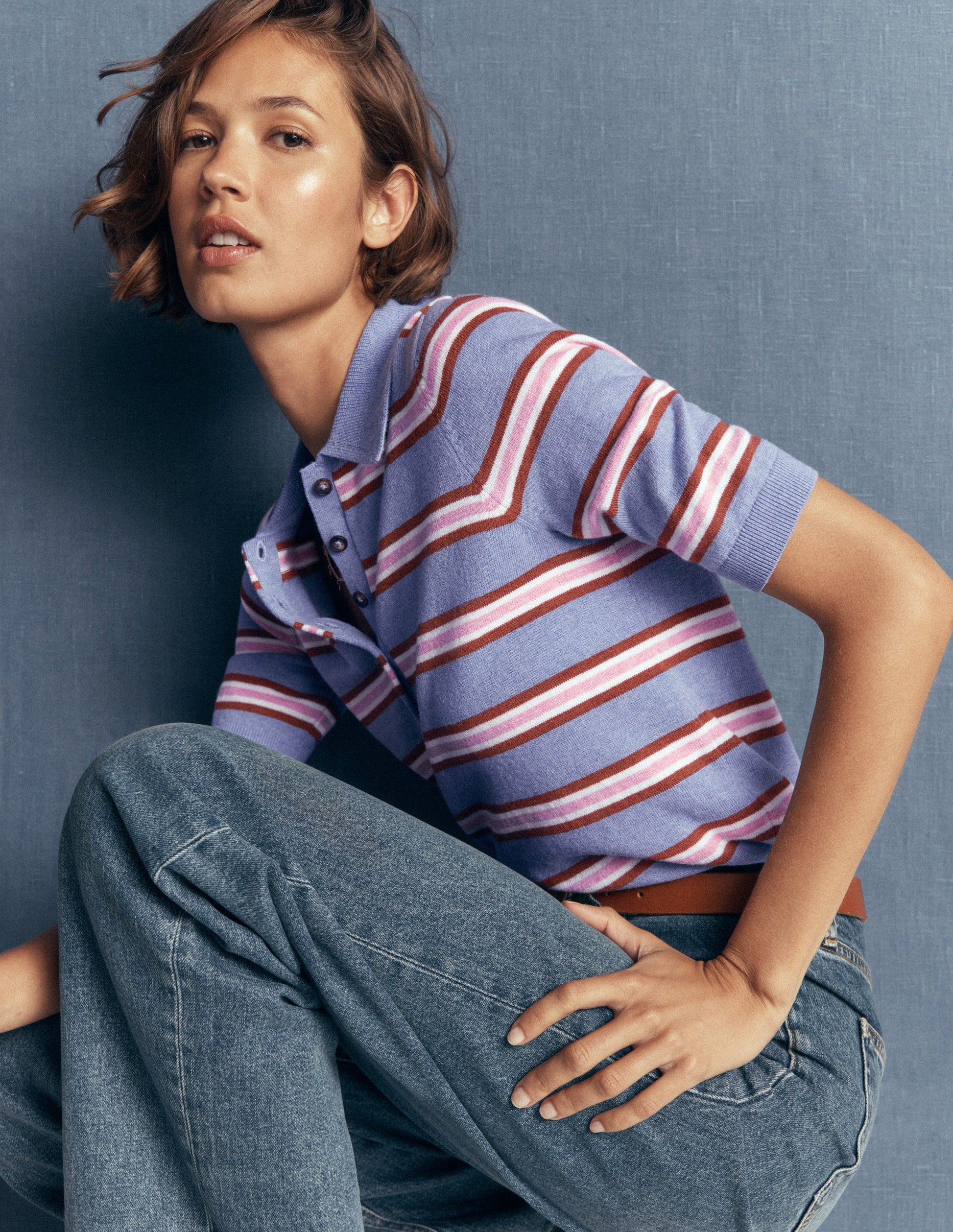 Collared Knitted T-shirt-Blue Aura, Stripe-1