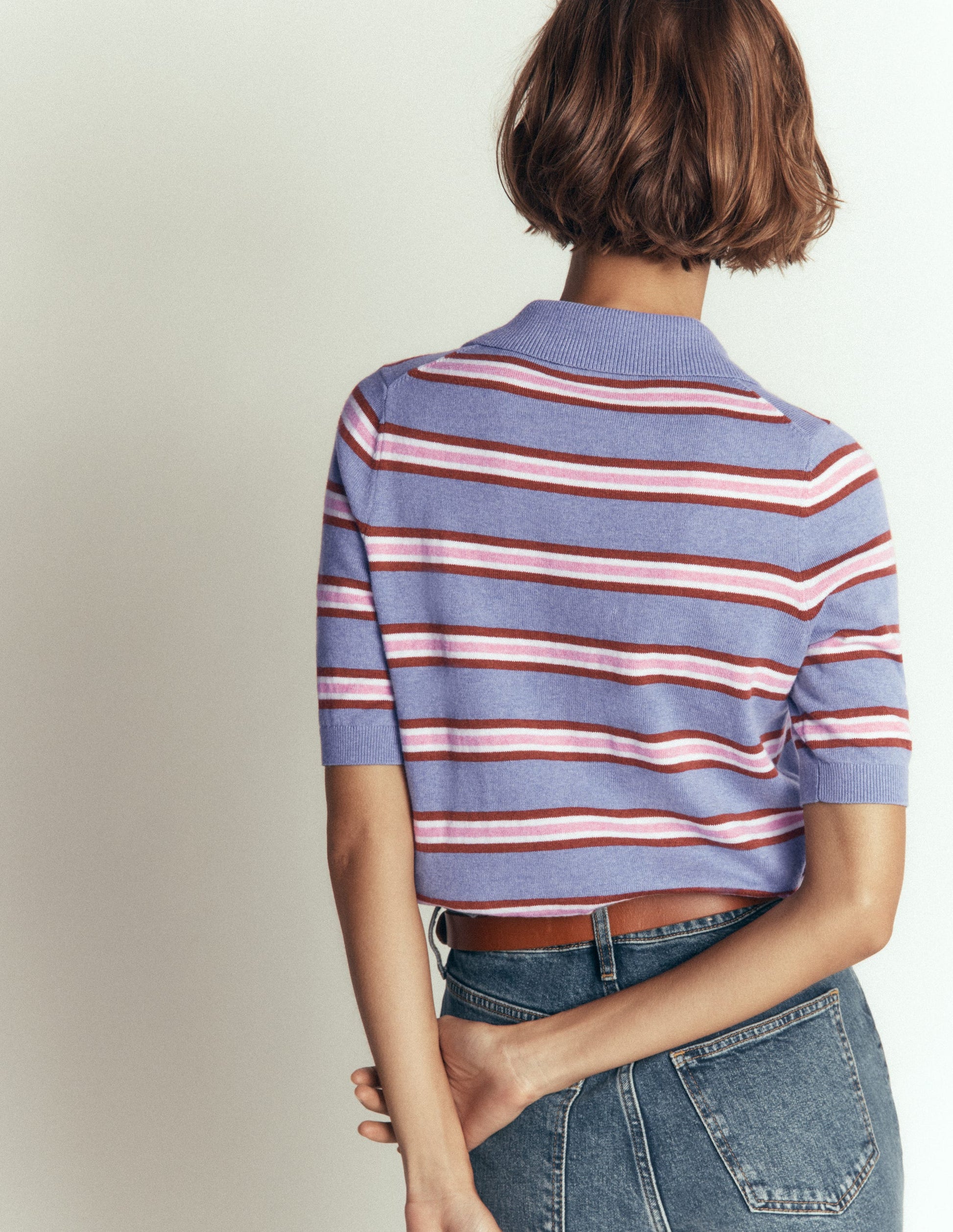 Collared Knitted T-shirt-Blue Aura, Stripe-3