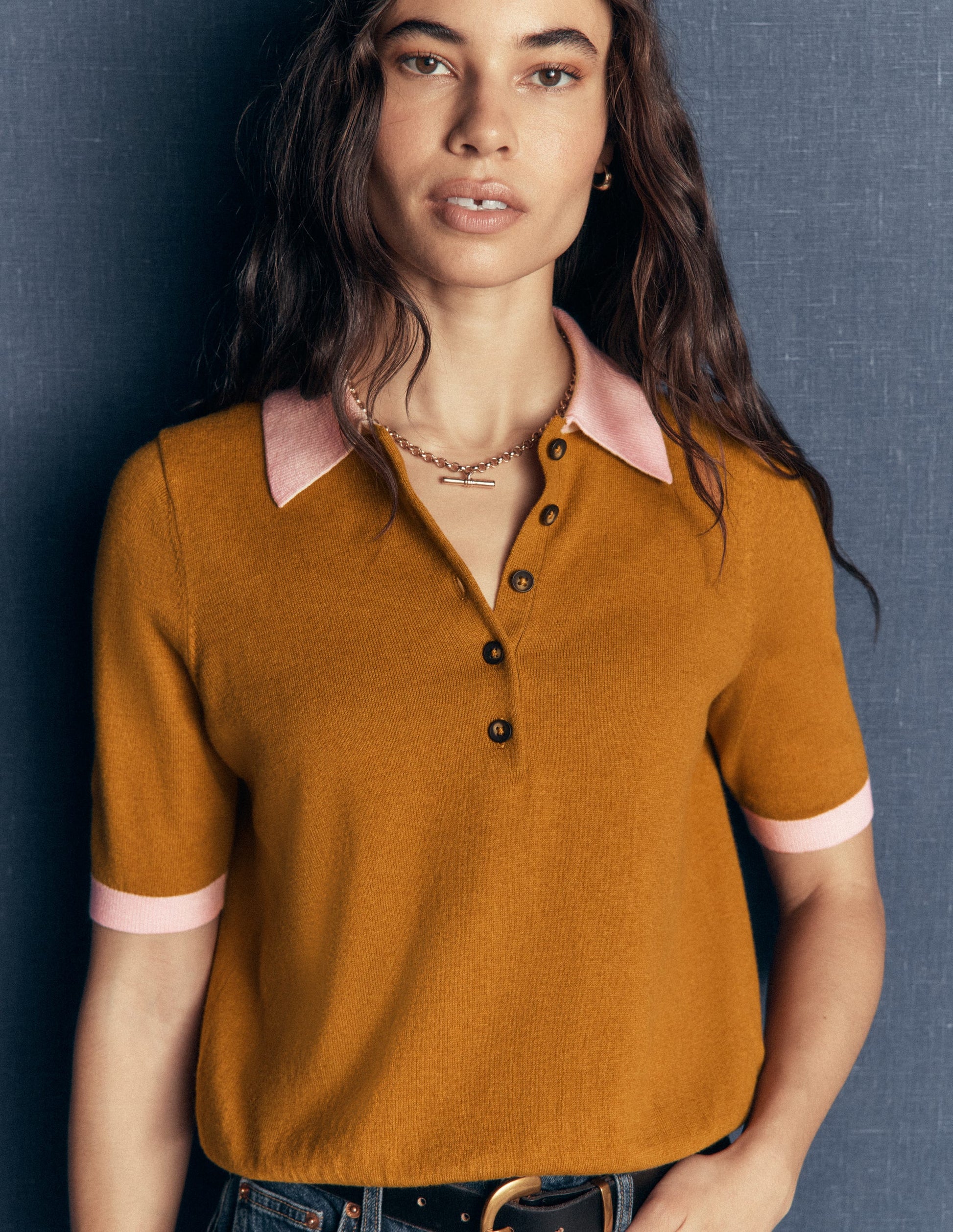 Collared Knitted T-shirt-Toffee Brown-1
