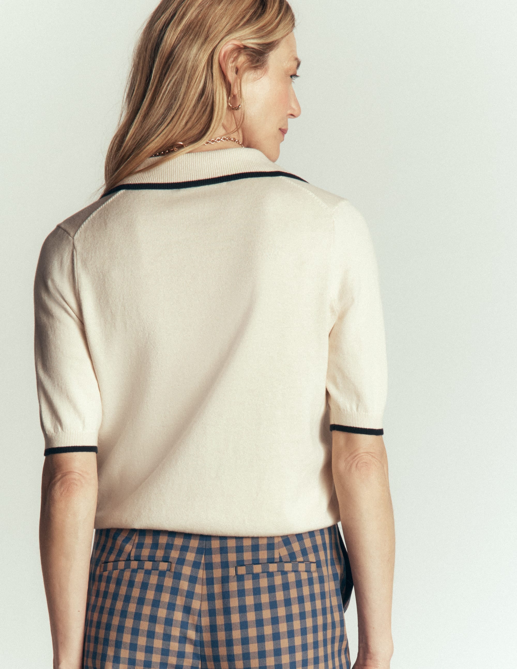 Collared Knitted T-shirt-Ivory, Navy - Image 3
