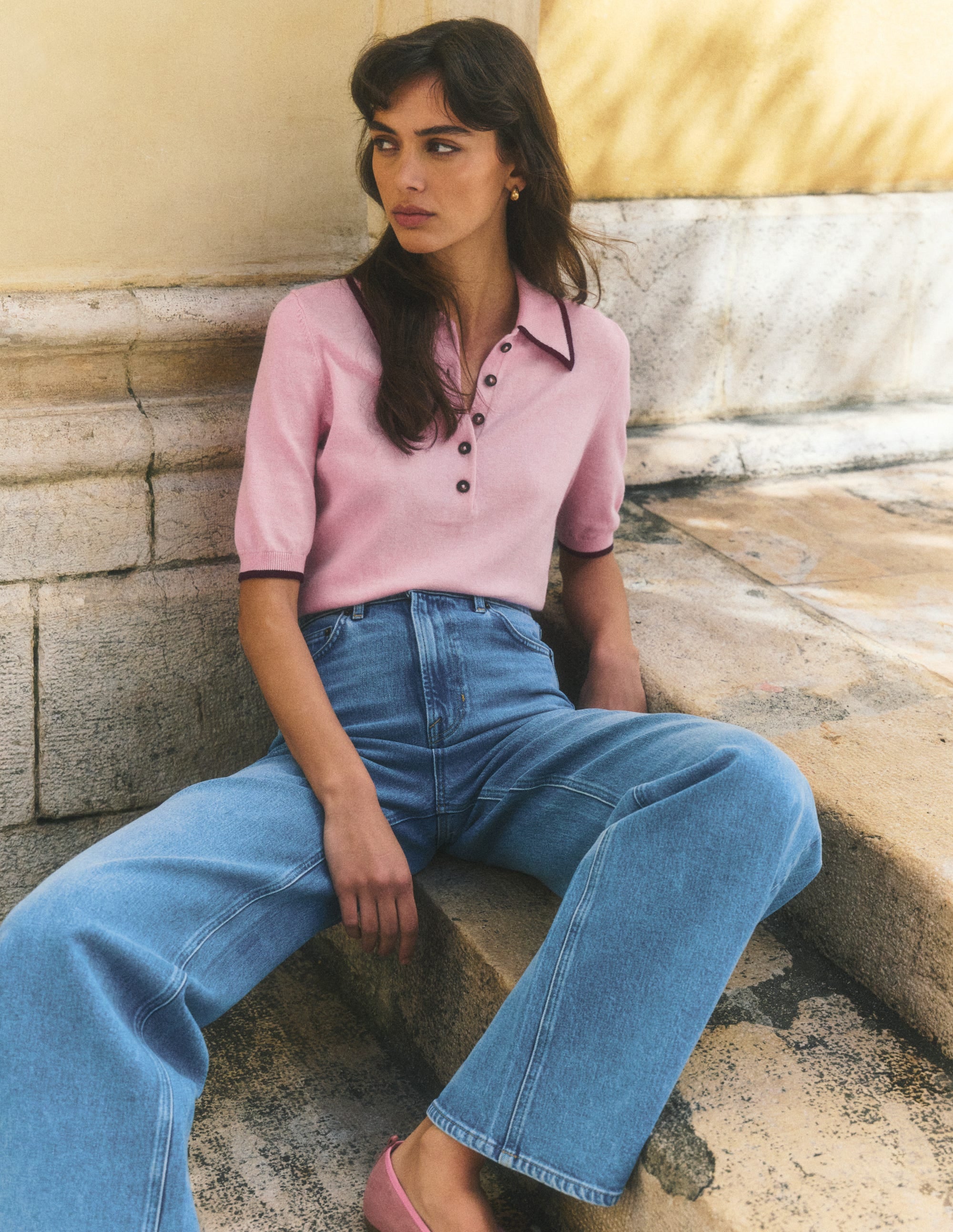 Collared Knitted T-shirt-Sheer Pink - Image 5