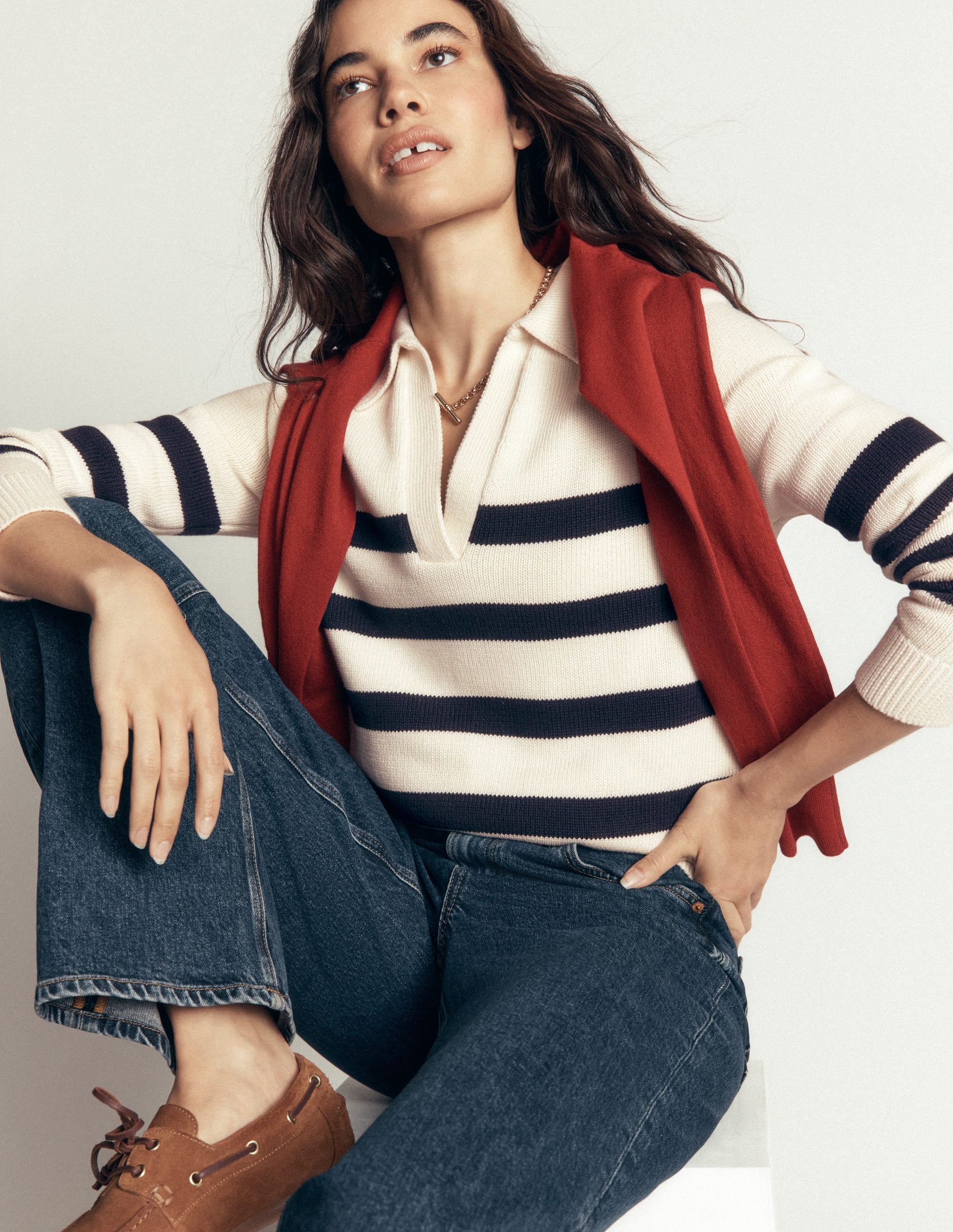 Lucy Cotton Henley Jumper-Ivory, Navy Stripe - Image 1