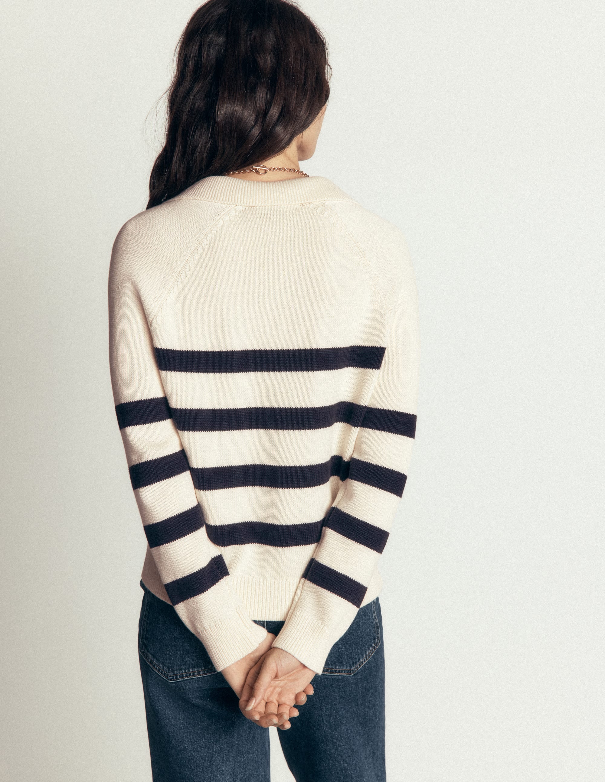 Lucy Cotton Henley Jumper-Ivory, Navy Stripe - Image 3