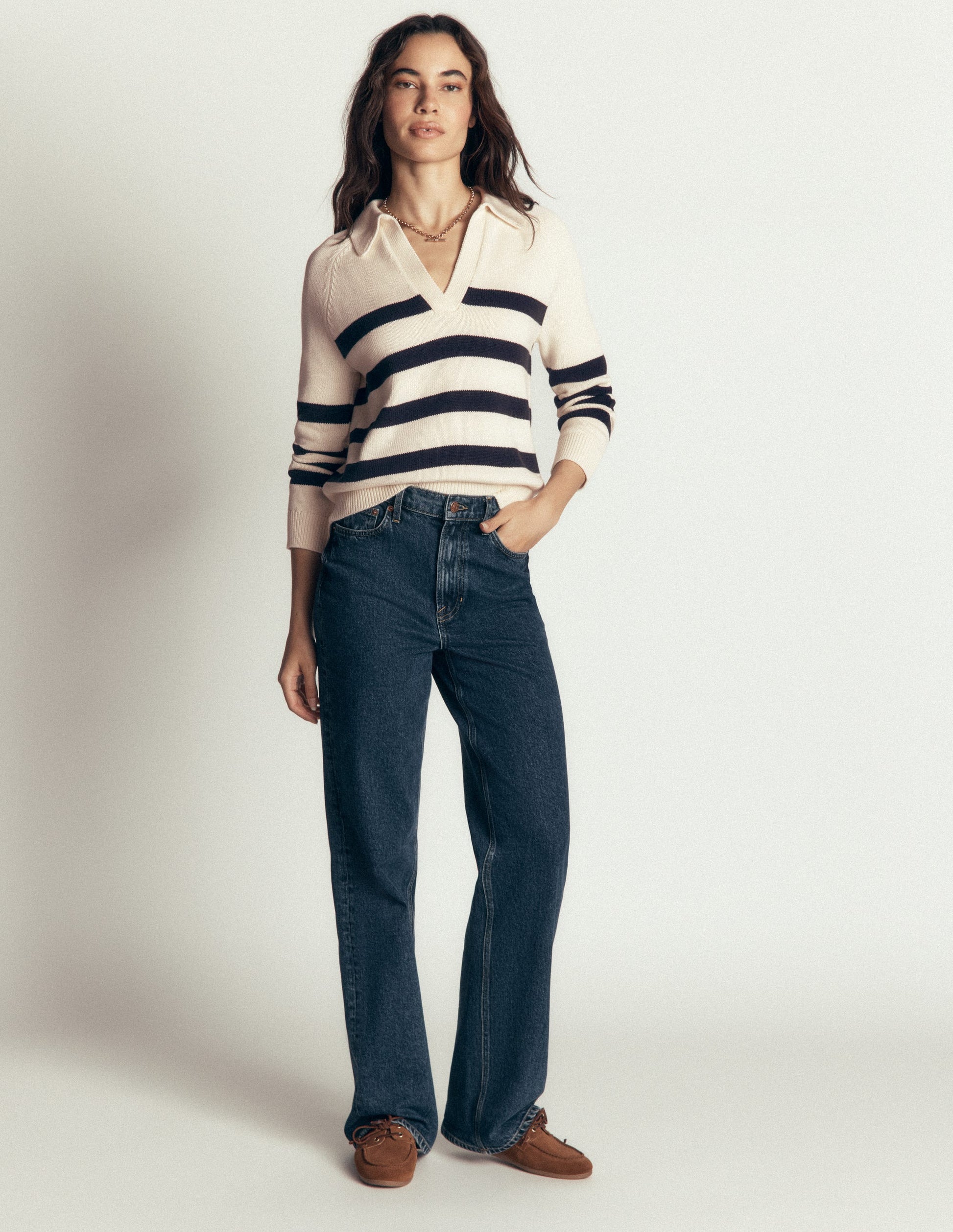 Lucy Cotton Henley Jumper-Ivory, Navy Stripe-4