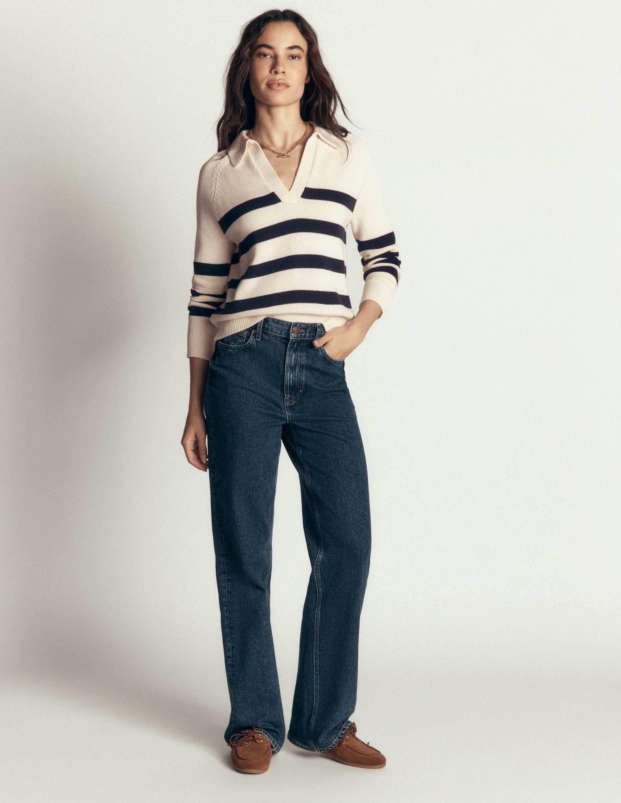 Lucy Cotton Henley Jumper-Ivory, Navy Stripe - Image 4