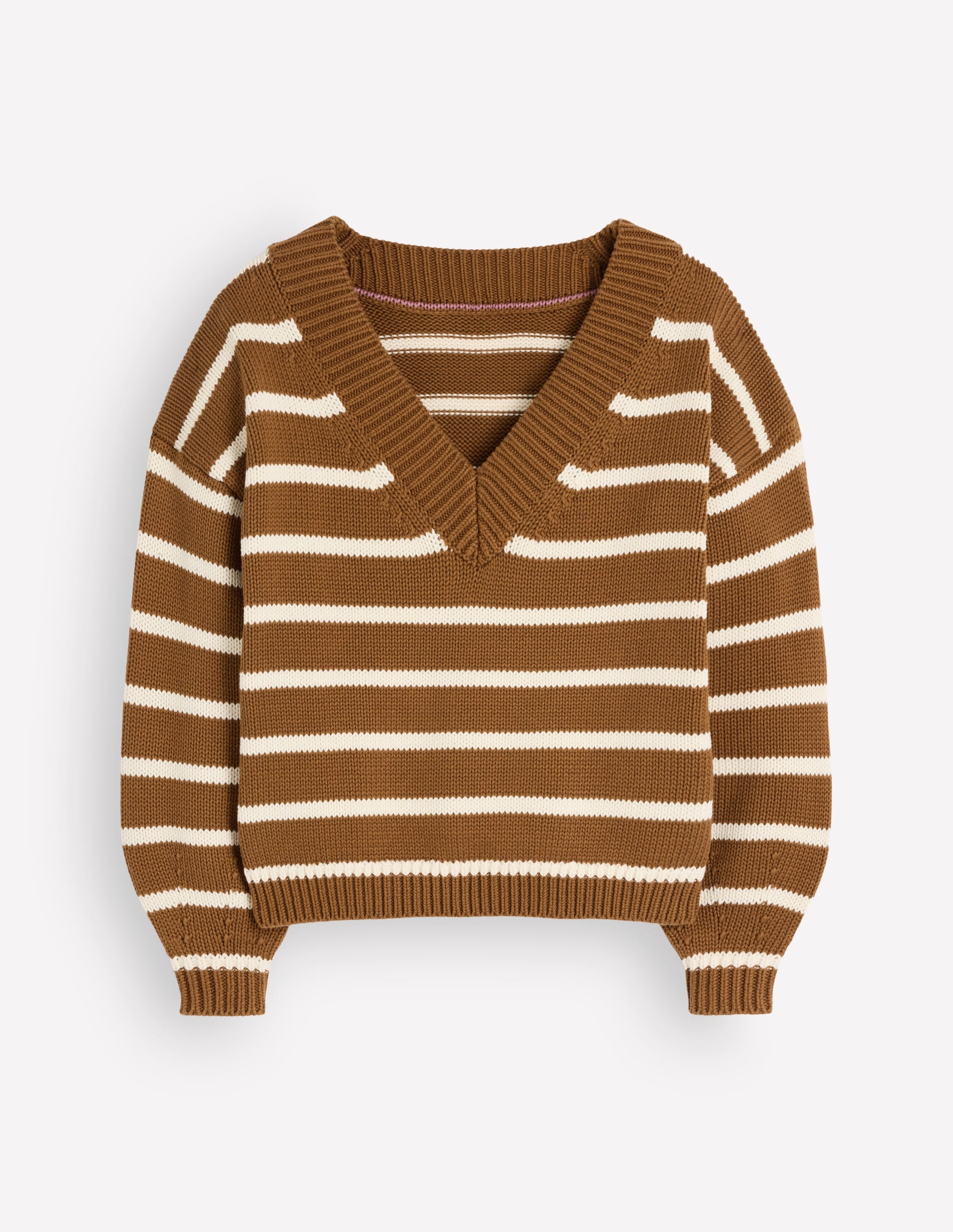 Lucy Cotton V-neck Jumper-Gingerbread, Ivory - Image 8