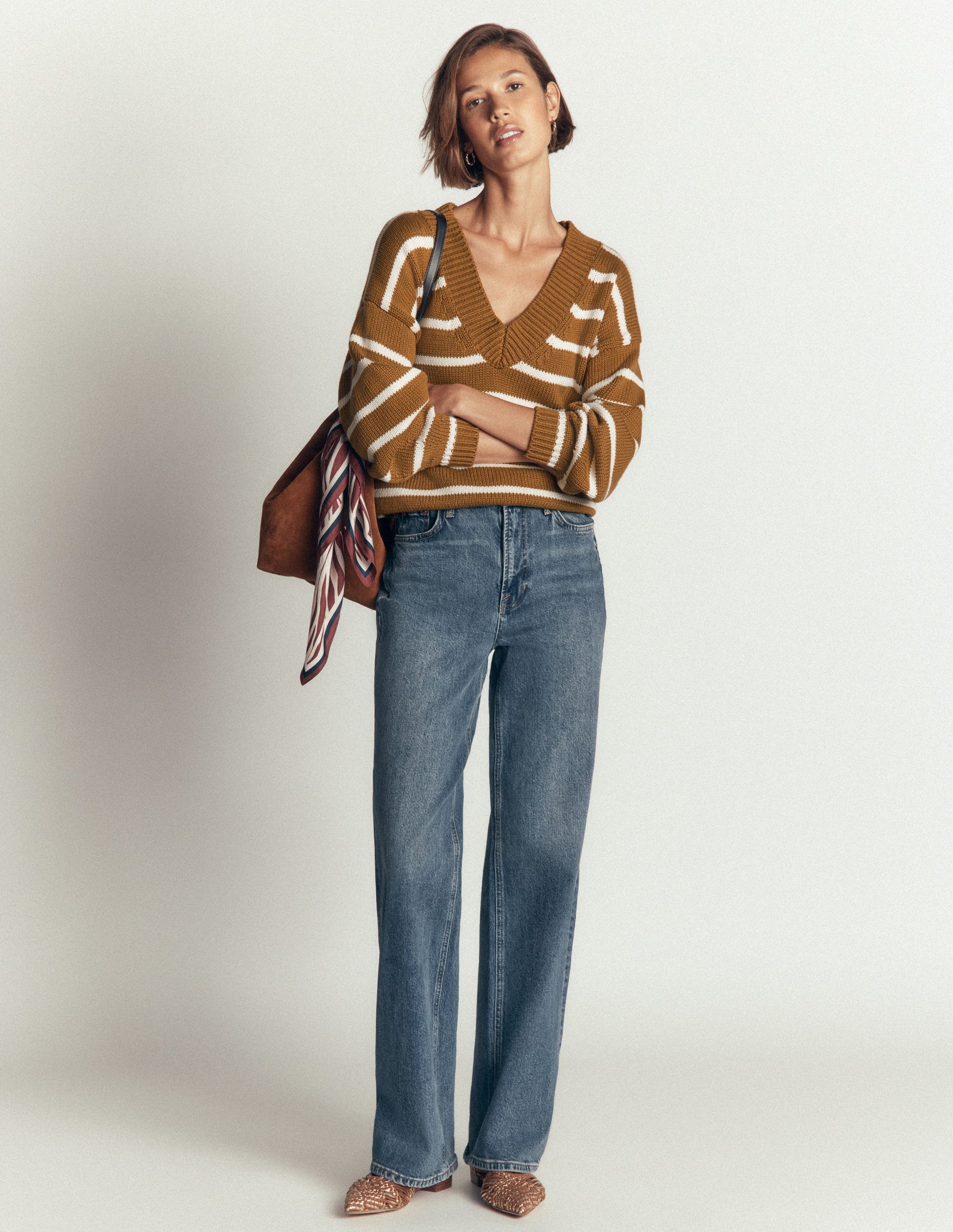 Lucy Cotton V-neck Jumper-Gingerbread, Ivory-4