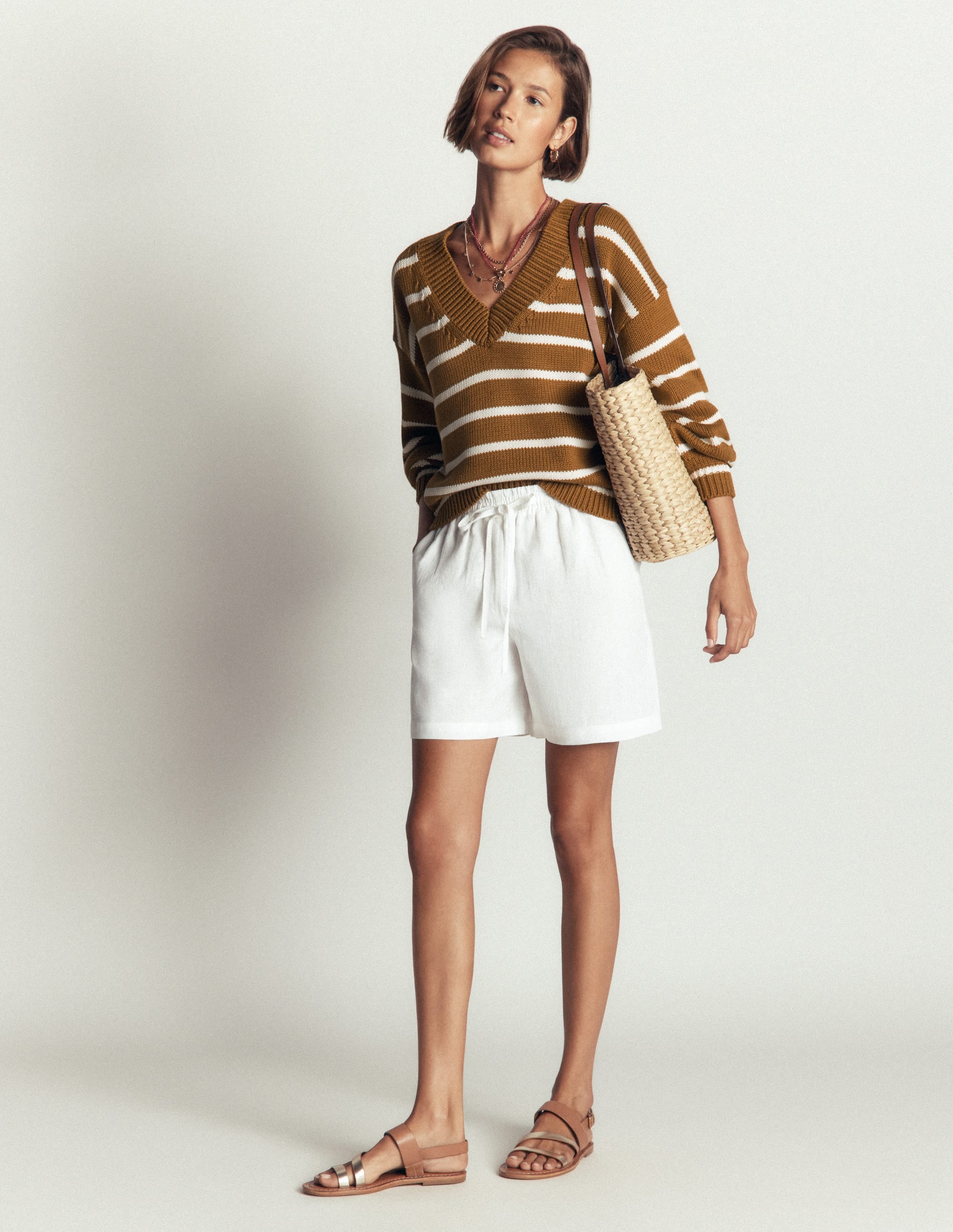 Lucy Cotton V-neck Jumper-Gingerbread, Ivory - Image 7