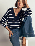 Lucy Cotton V-neck Jumper-Navy, Ivory