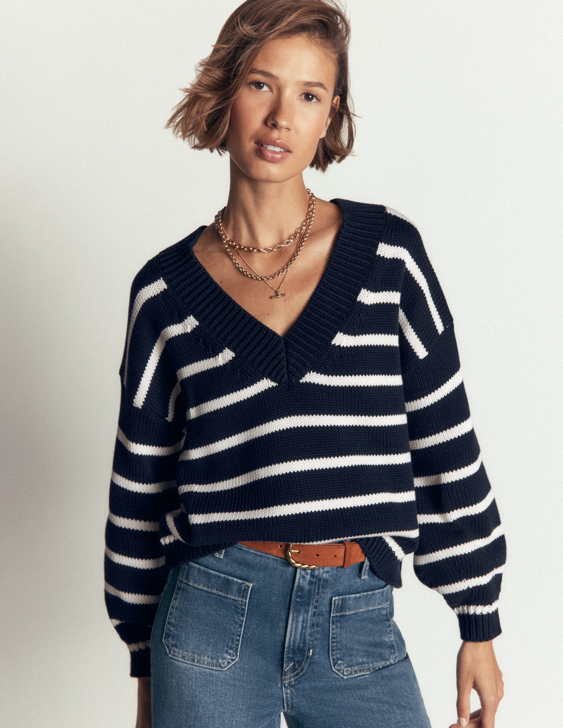 Lucy Cotton V-neck Jumper-Navy, Ivory-2