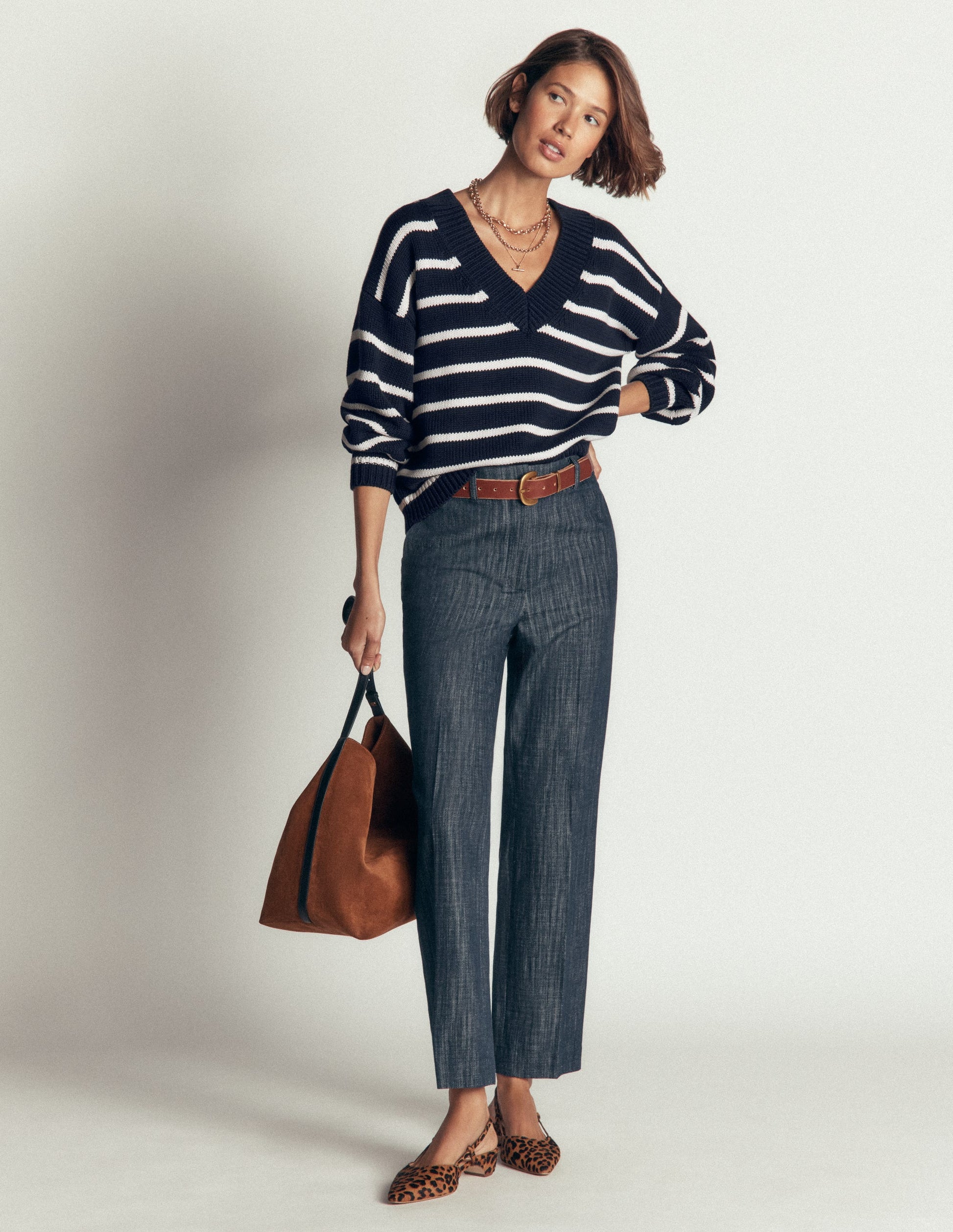 Lucy Cotton V-neck Jumper-Navy, Ivory-6