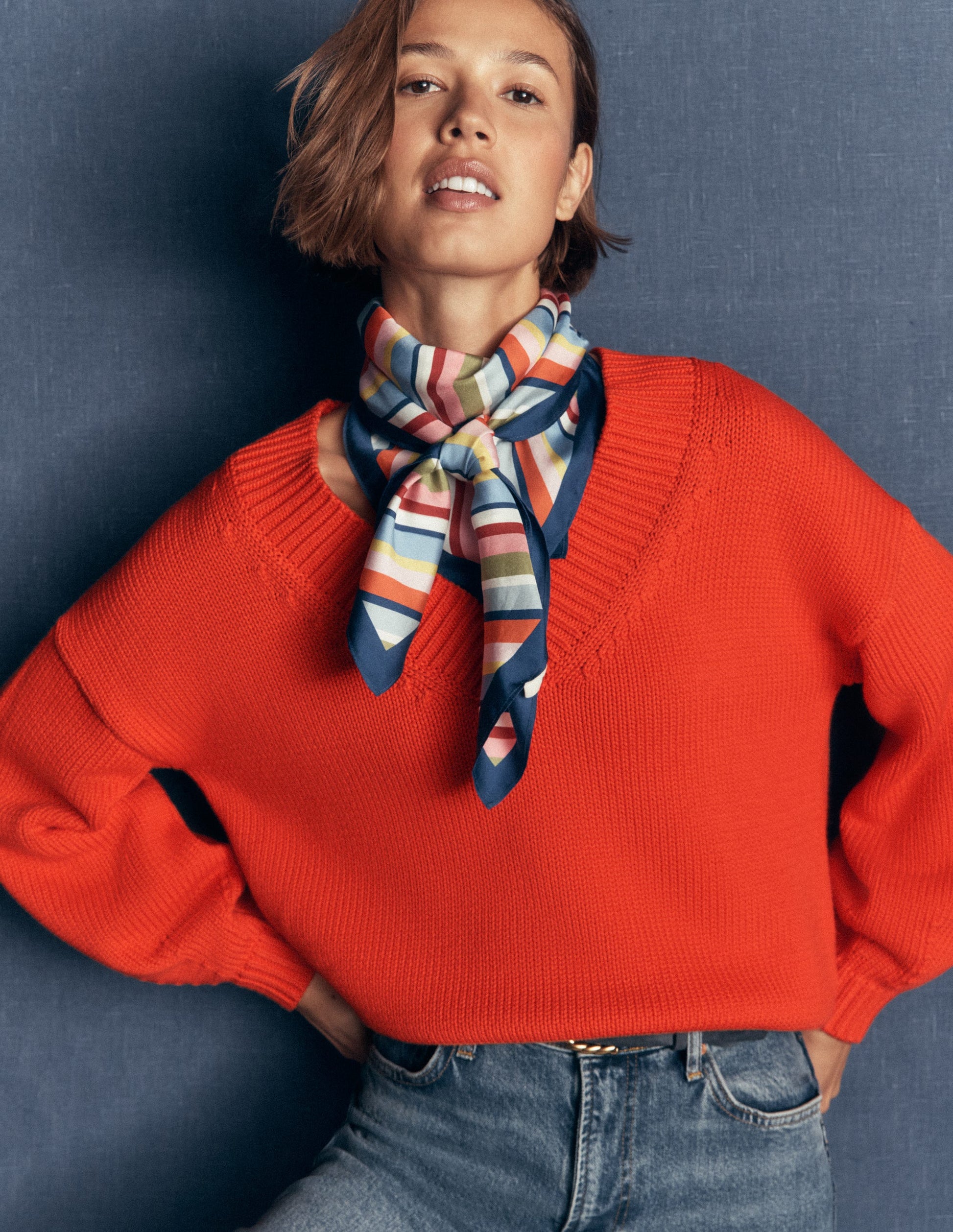 Lucy Cotton V-neck Jumper-Sunset Orange-1