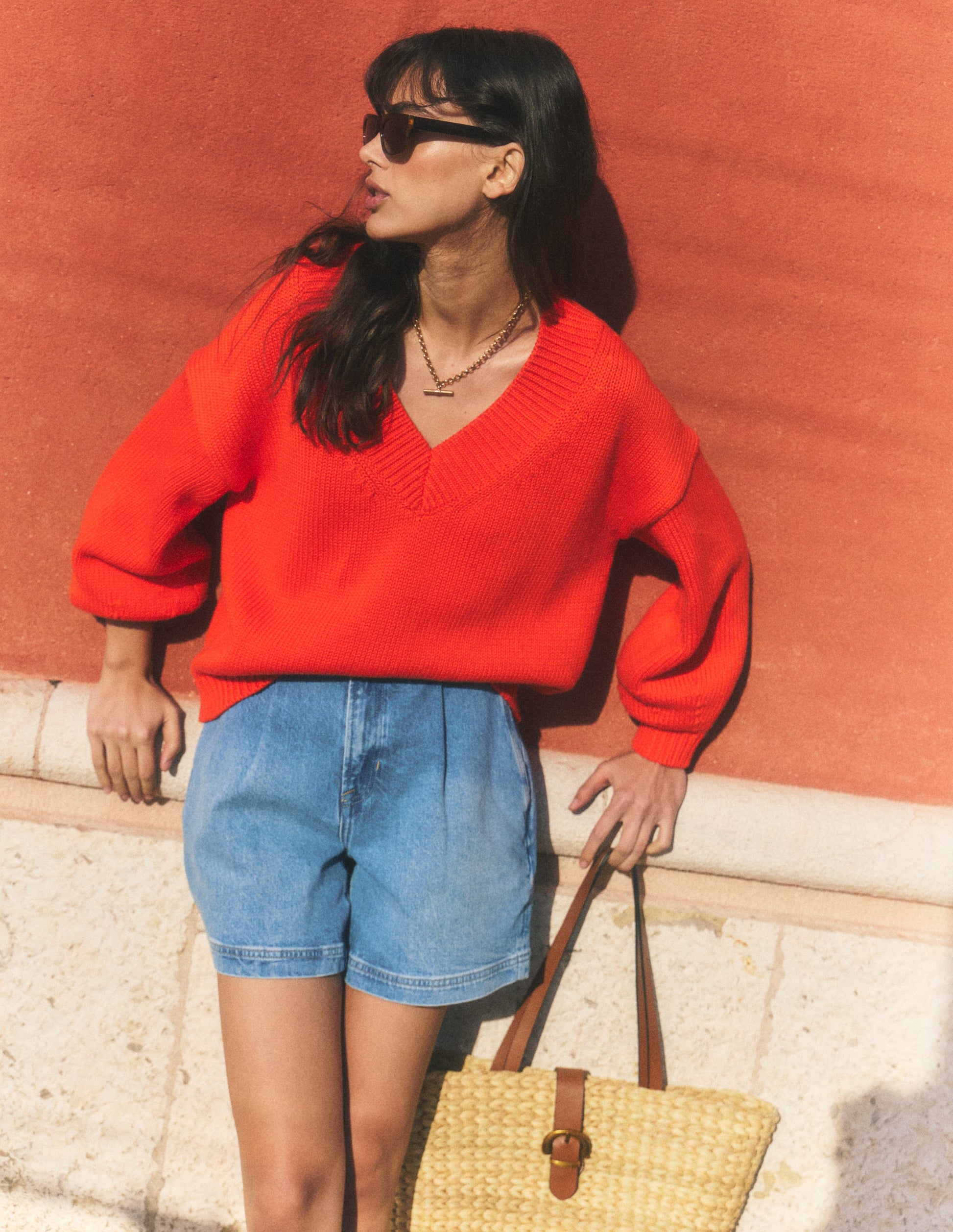 Lucy Cotton V-neck Jumper-Sunset Orange-7